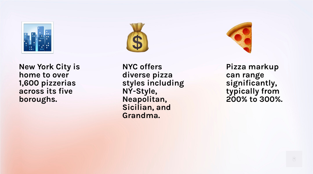 Comprehensive guide showing pizza styles available in NYC with price ranges, cooking methods, and signature toppings for NY-Style, Neapolitan, Sicilian, and specialty gourmet options - pizza near me infographic 3_facts_emoji_light-gradient