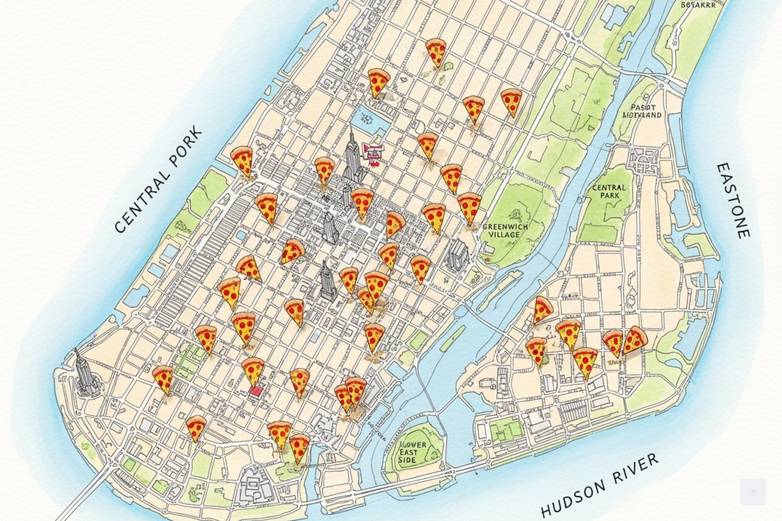 map of Manhattan with pizza icons marking key locations - pizza near me