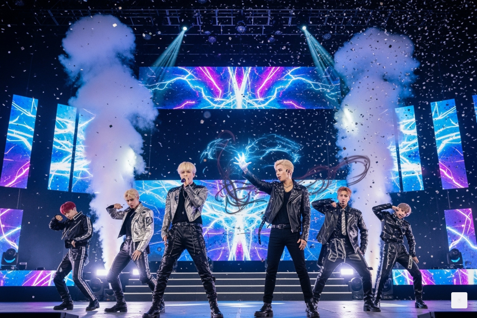 The K-pop group HUNTR/X on stage, performing their hit song "Golden" and secretly fighting demons - rumi kpop demon hunters