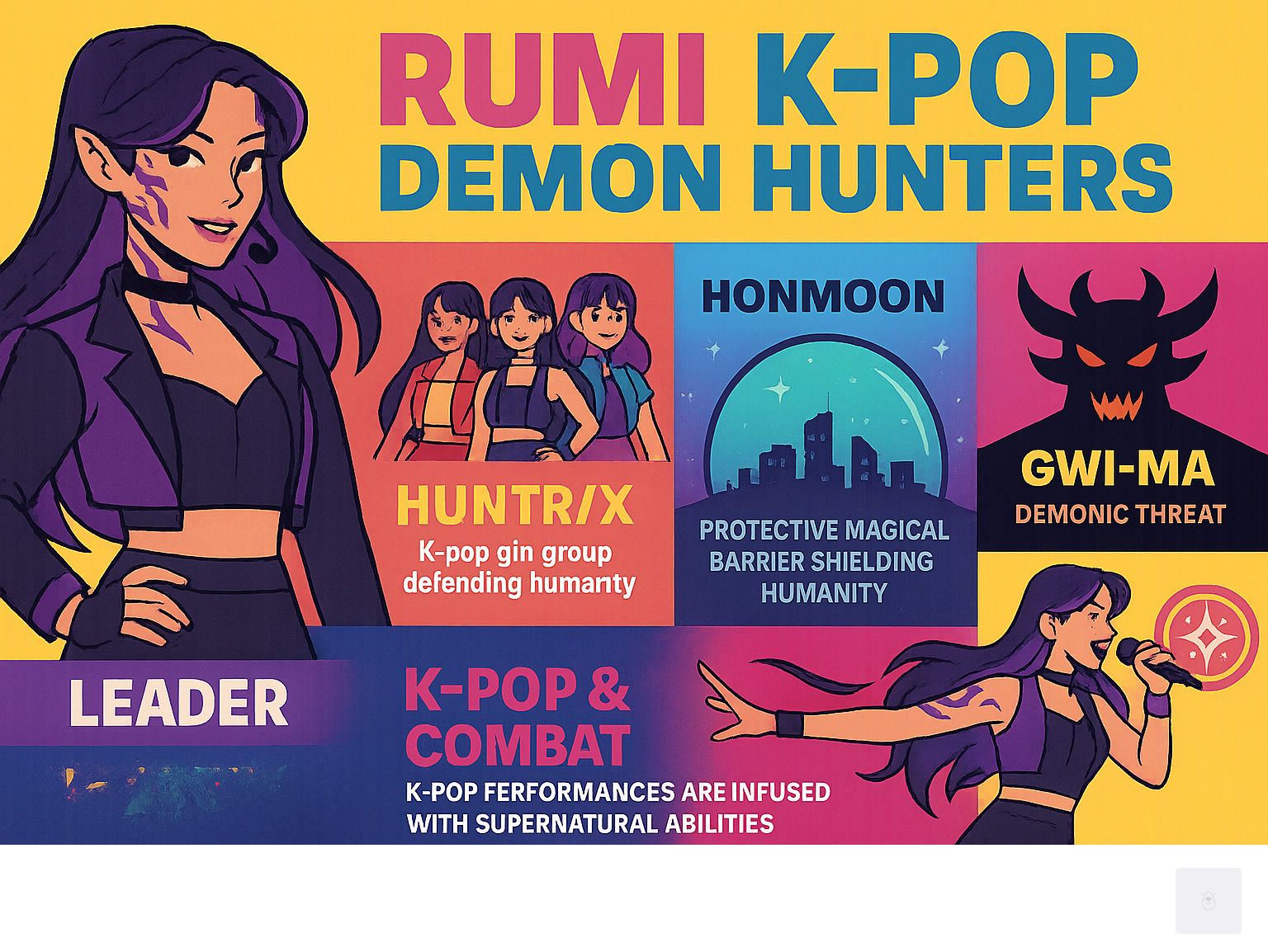 Detailed breakdown of KPop Demon Hunters universe showing Rumi as leader of HUNTR/X girl group, the magical Honmoon barrier protecting humanity, demon threats including Gwi-Ma, and the integration of K-pop performances with supernatural combat abilities - rumi kpop demon hunters infographic 