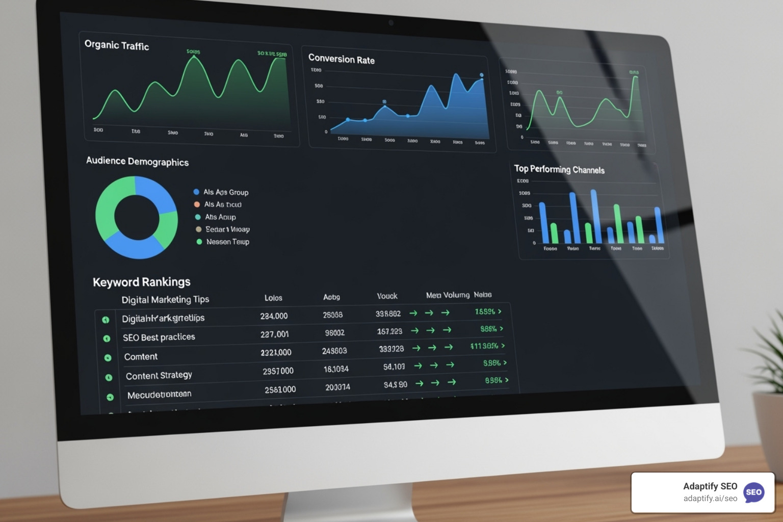 Dashboard showing key SEO metrics like organic traffic, conversions, and keyword rankings - national seo services