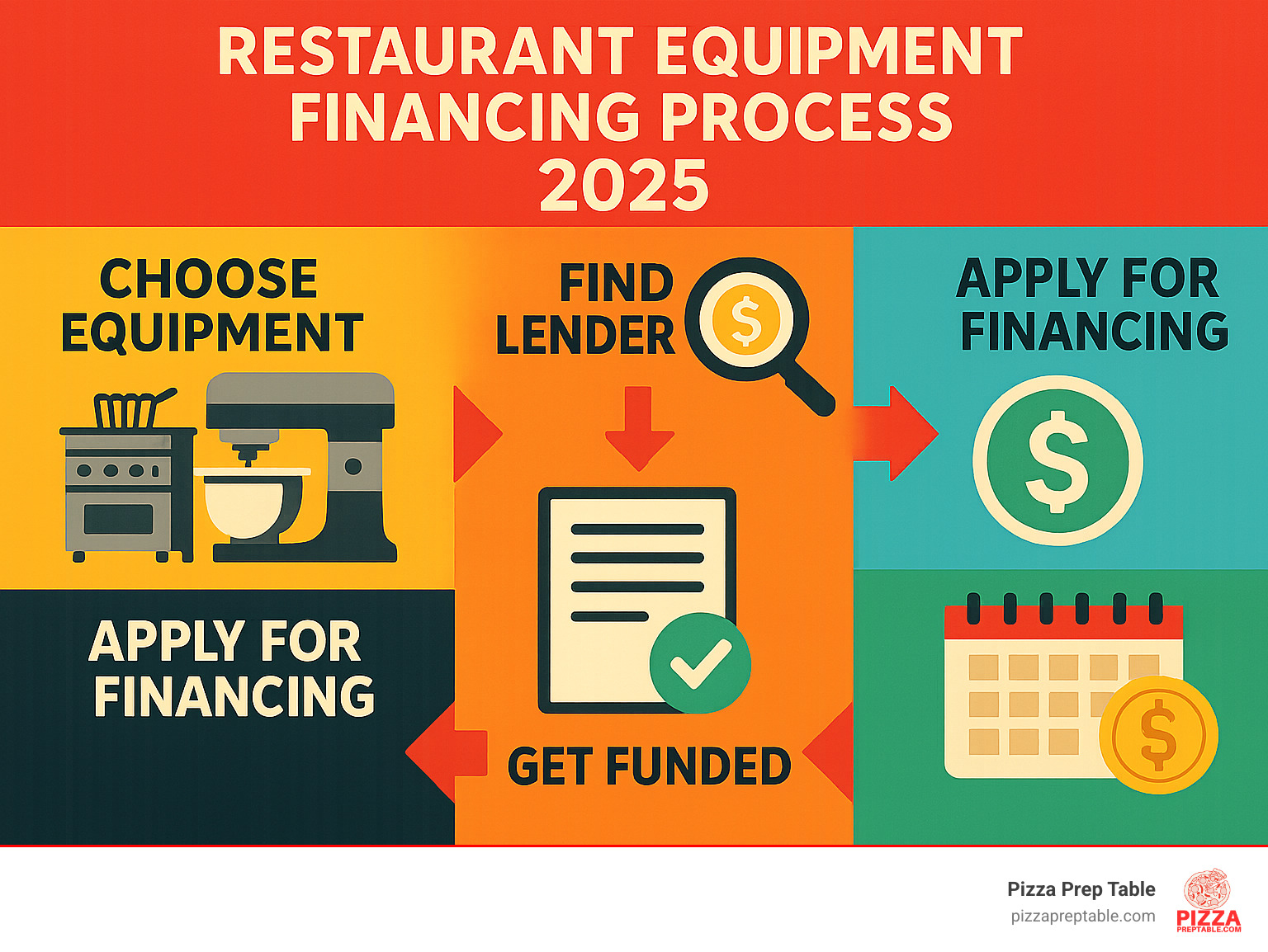 Restaurant Equipment Financing Process: Choose Equipment, Find Lender, Apply for Financing, Get Funded, Make Monthly Payments - financing restaurant equipments infographic 