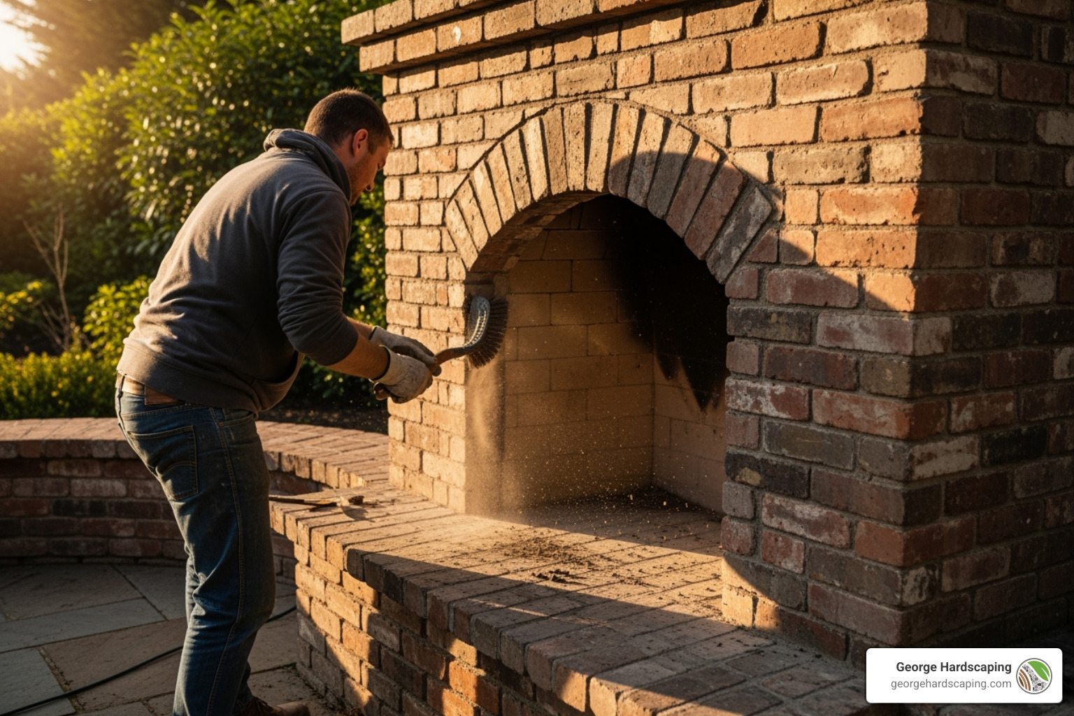 Homeowner cleaning soot from an outdoor brick fireplace with a wire brush