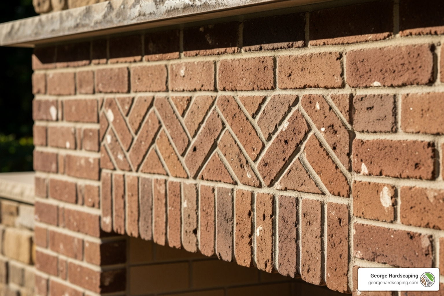 Close-up of herringbone brick pattern on an outdoor fireplace facade