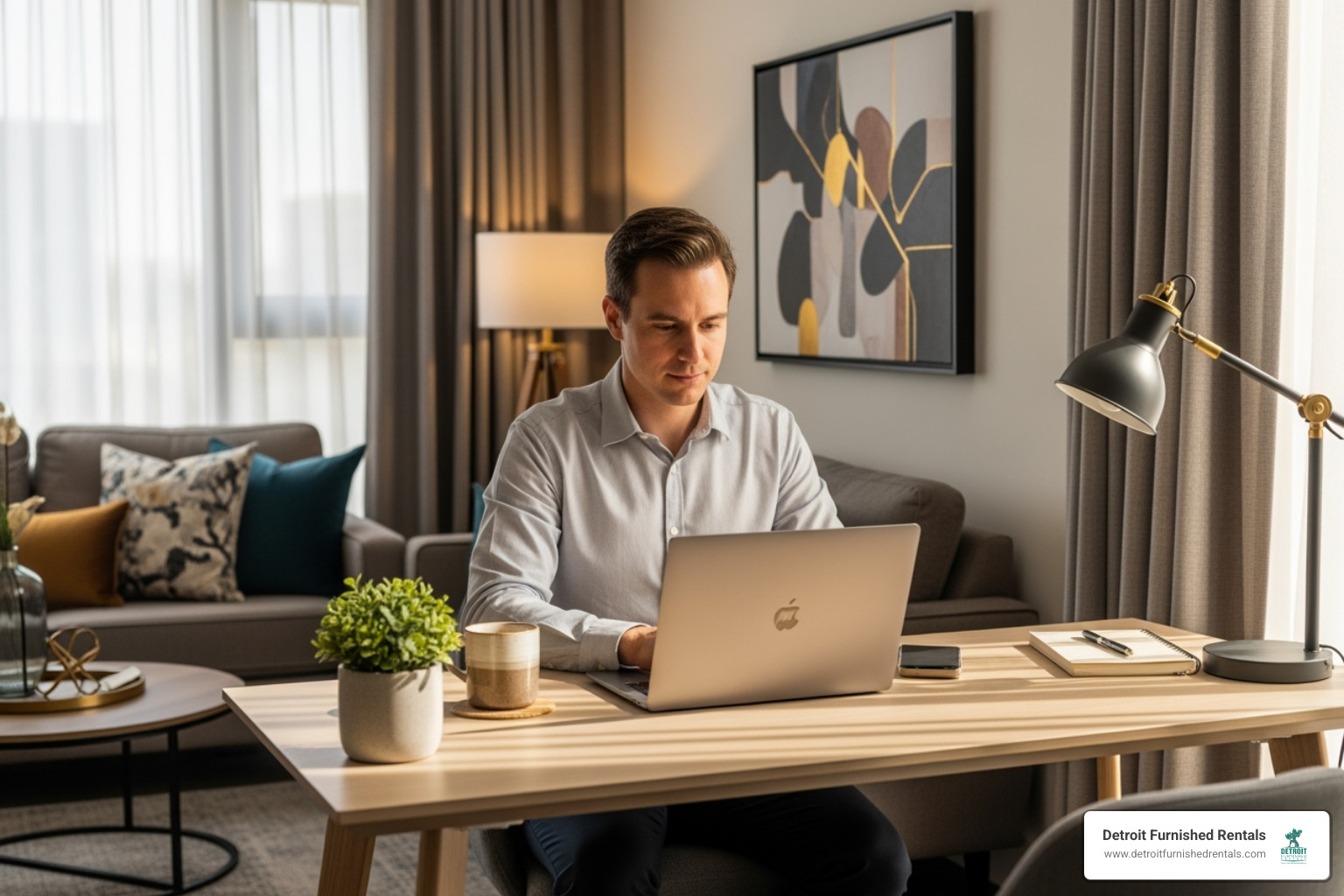 Professional working comfortably on a laptop in a dedicated workspace within a furnished rental - Furnished rentals Michigan