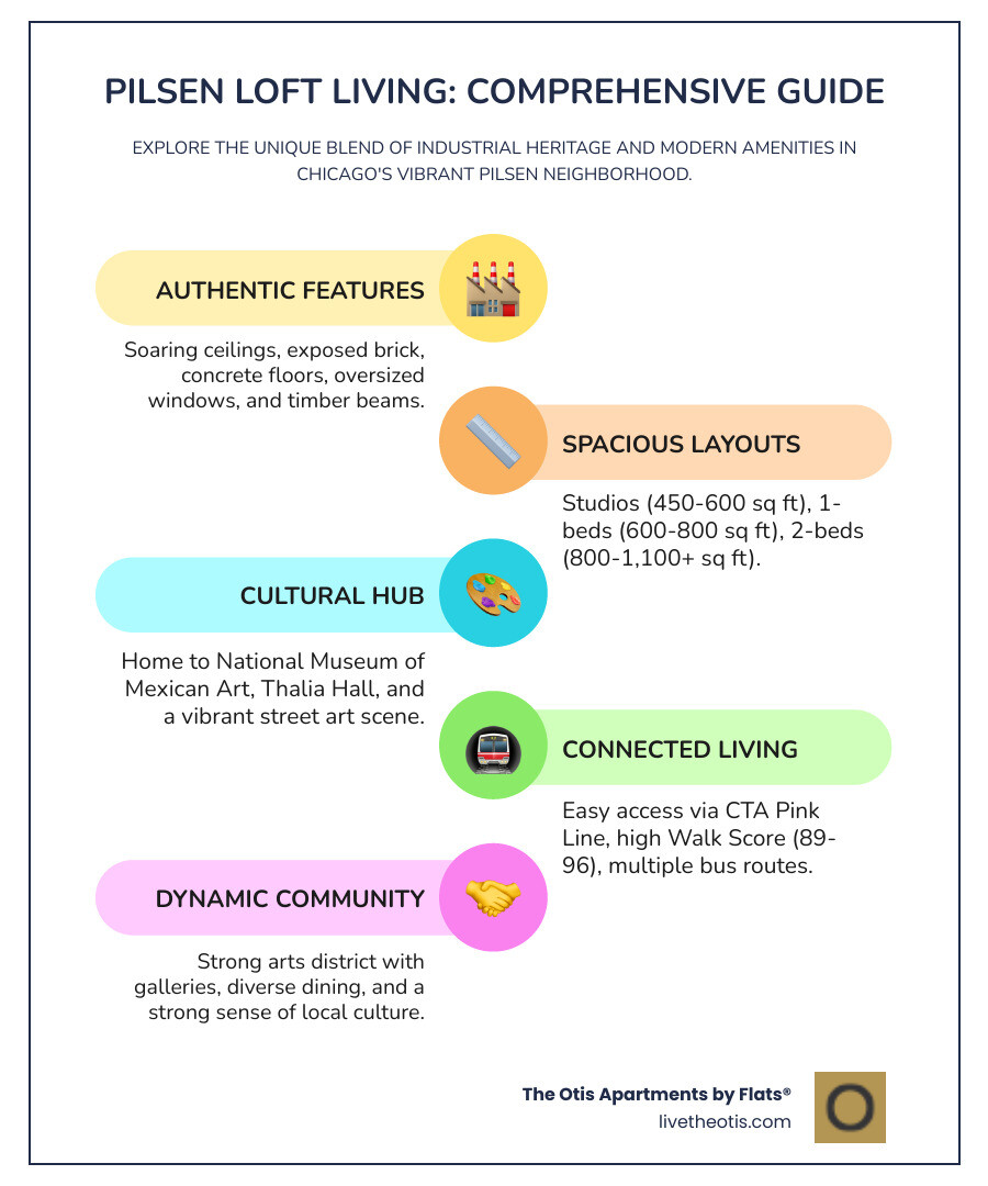 Comprehensive guide to Pilsen loft features including industrial elements like exposed brick and high ceilings, modern amenities such as rooftop decks and fitness centers, neighborhood highlights including the National Museum of Mexican Art and CTA Pink Line access, and typical floor plan sizes from studio to two-bedroom layouts - pilsen lofts for rent infographic infographic-line-5-steps-colors
