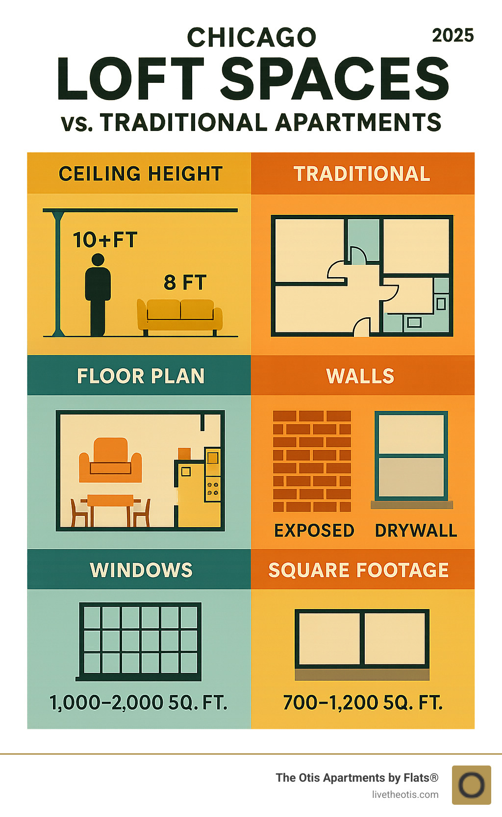 Infographic showing the key differences between Chicago loft apartments and traditional apartments, including ceiling height comparisons, floor plan layouts, architectural features like exposed brick versus drywall walls, window sizes, and typical square footage ranges - loft spaces chicago infographic 