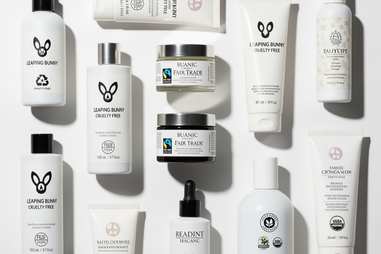 A flat lay showcasing various beauty products with different ethical certifications like Leaping Bunny, Fair Trade, and USDA Organic logos visibly displayed on their packaging - ethical beauty companies