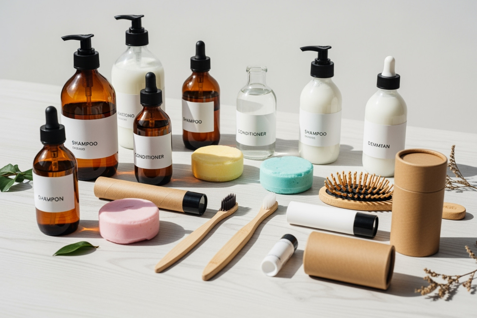 A collection of refillable glass bottles and plastic-free cosmetic packaging, including solid shampoo bars, bamboo brushes, and cardboard tubes, arranged neatly to highlight sustainable beauty solutions - ethical beauty companies