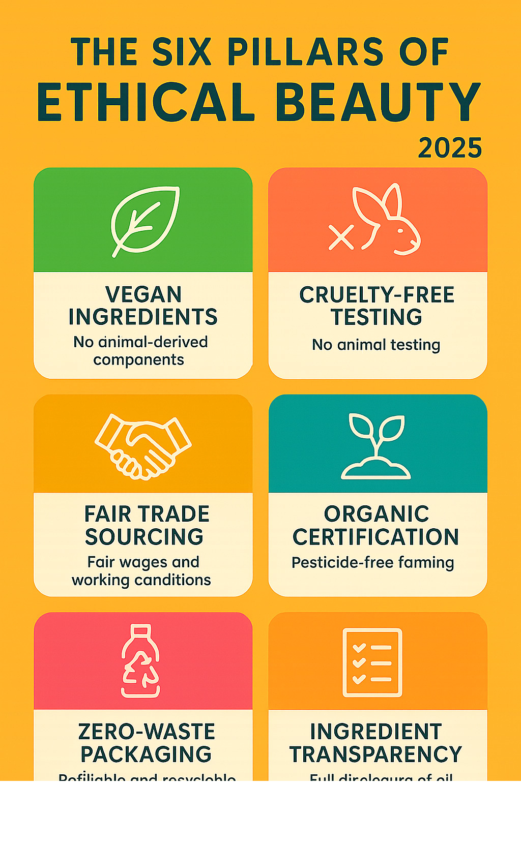 Infographic showing the six core pillars of ethical beauty: Vegan ingredients (no animal-derived components), Cruelty-Free testing (no animal testing), Fair Trade sourcing (fair wages and working conditions), Organic certification (pesticide-free farming), Zero-Waste packaging (refillable and recyclable materials), and Ingredient Transparency (full disclosure of all components) - ethical beauty companies infographic 