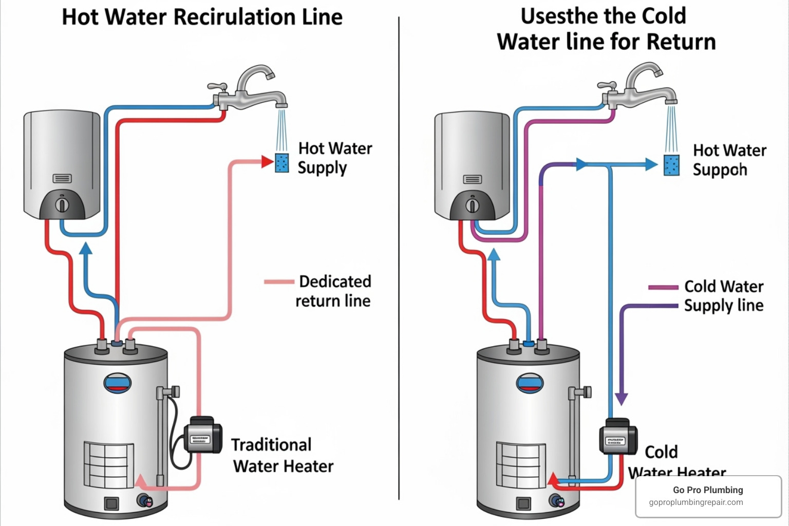 Diagram illustrating dedicated return line and cold water line recirculation systems - hot water recirculation system installation