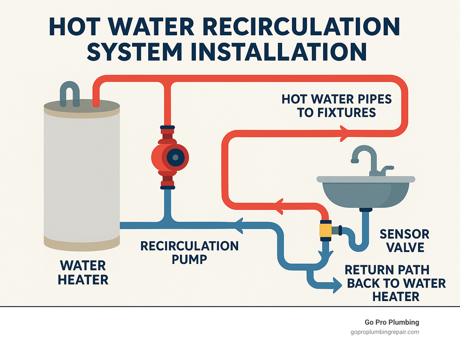 Detailed infographic showing hot water recirculation system components including water heater, recirculation pump, hot water pipes leading to fixtures, sensor valve under sink, and return path back to water heater with arrows indicating water flow direction - hot water recirculation system installation infographic 