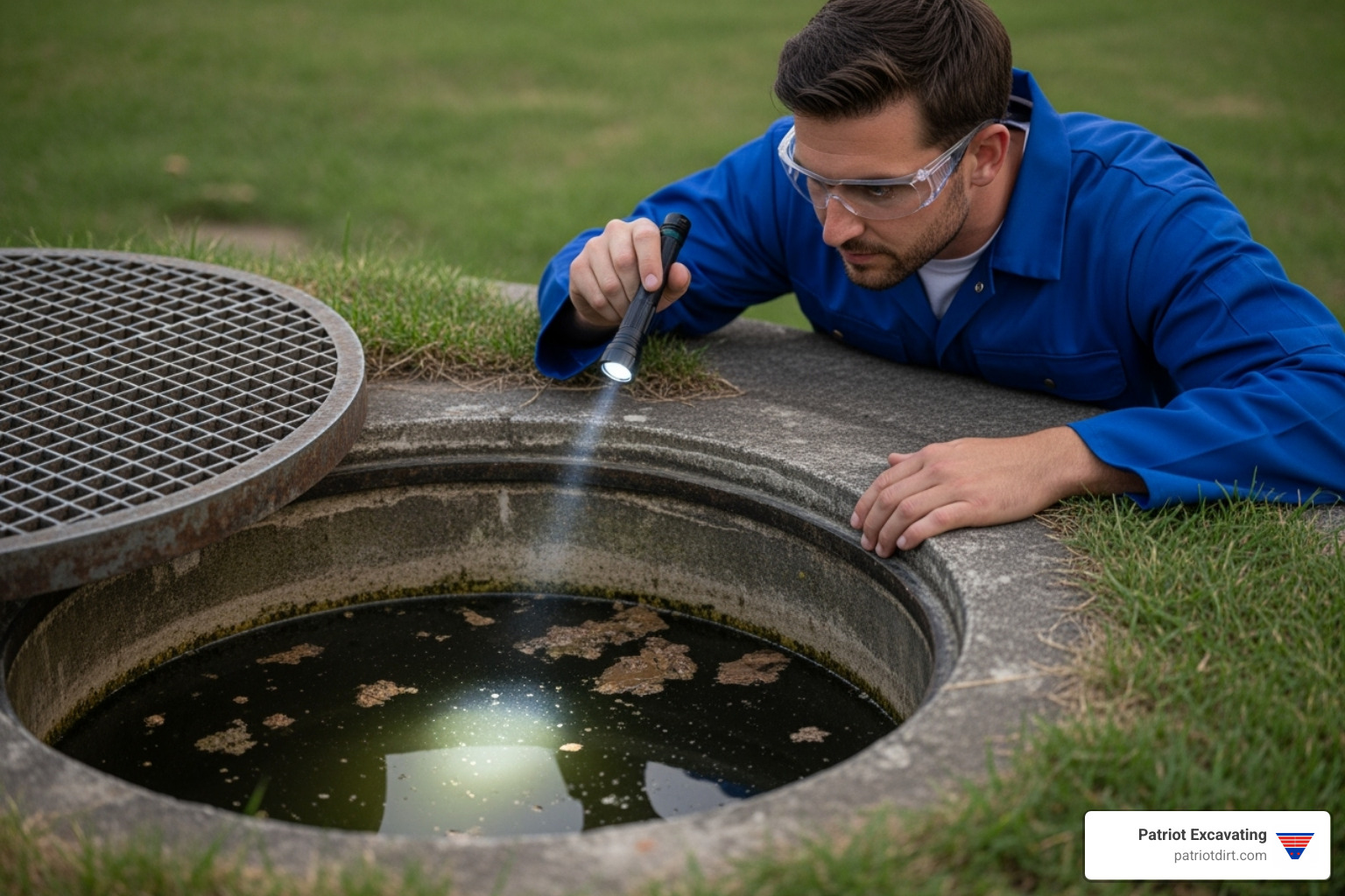 technician inspecting the inside of a septic tank - septic tank cleaning