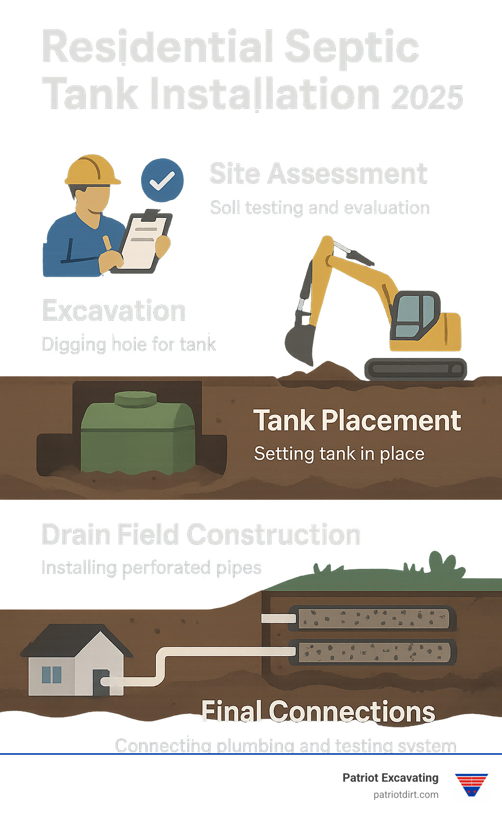 Detailed infographic showing the step-by-step residential septic tank installation process from initial site assessment through final system testing, including excavation depths, tank placement, drain field construction, and plumbing connections specific to central Indiana requirements - Residential septic tank installation infographic 