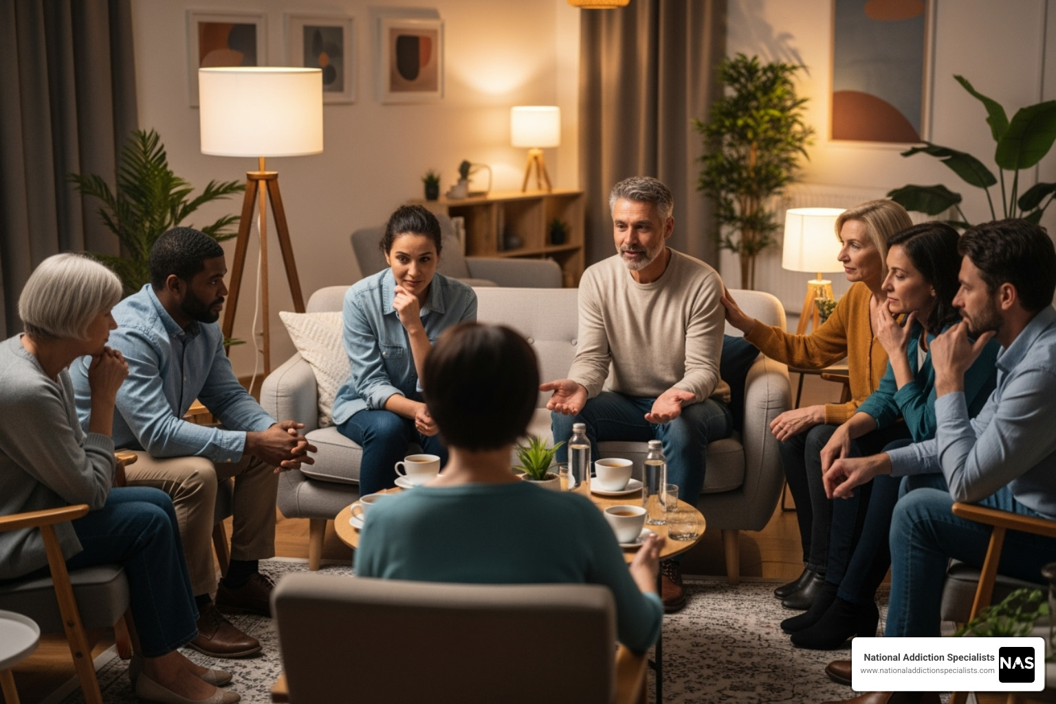 A diverse group of people sitting in a circle, engaged in conversation and mutual support during a peer meeting. - recovery