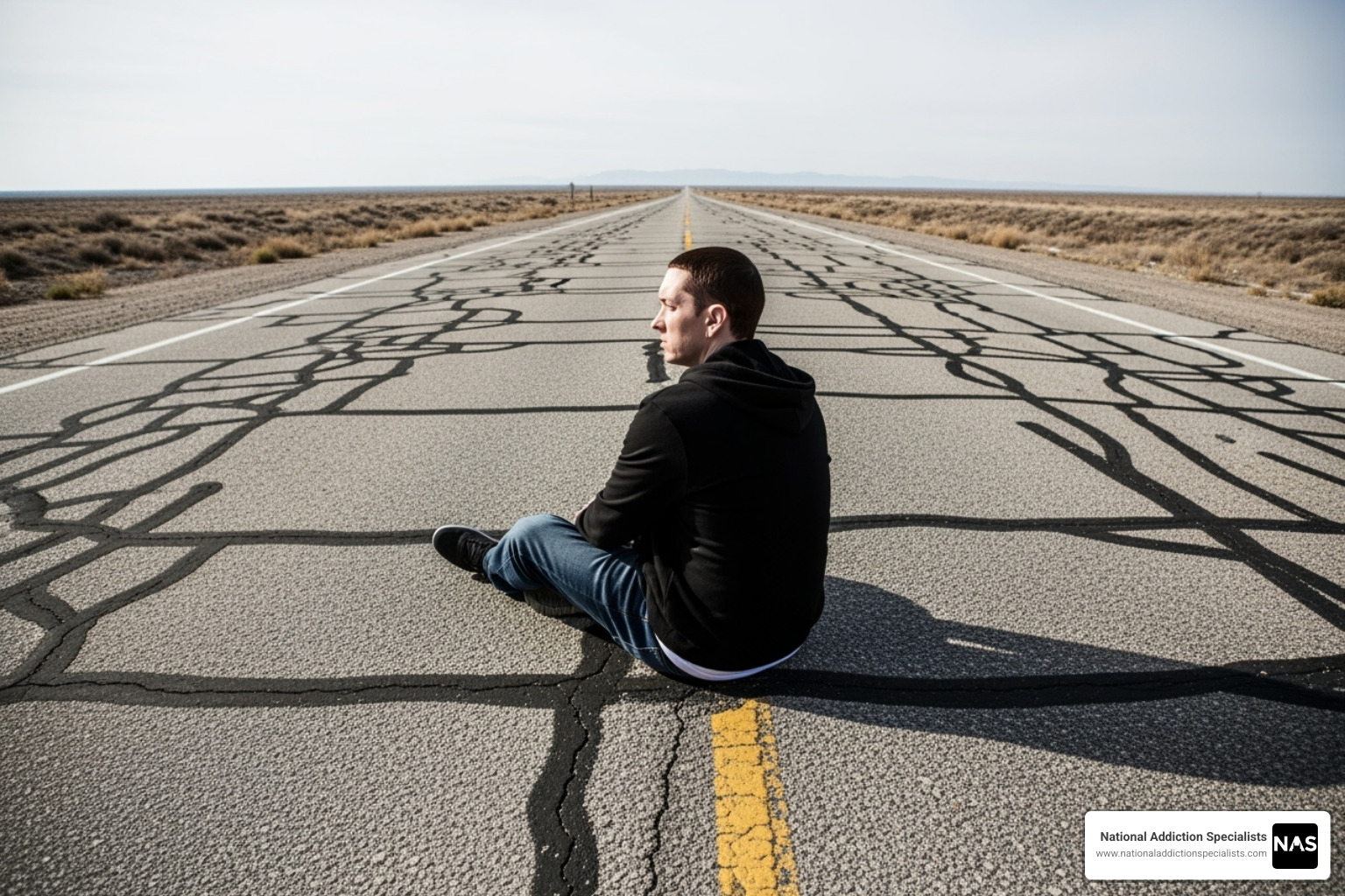 Recovery album cover art featuring Eminem sitting on a road. - recovery
