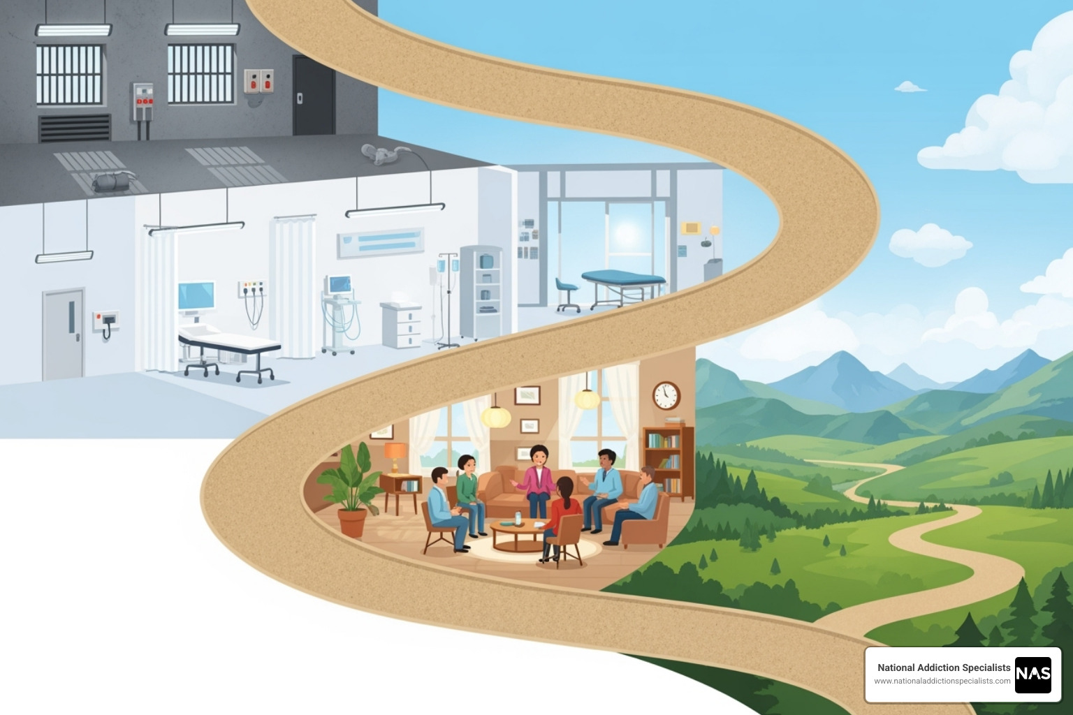 Timeline graphic showing the evolution of addiction treatment models, from institutionalization to medicalization, then to the rise of peer support and holistic, person-centered approaches. - recovery