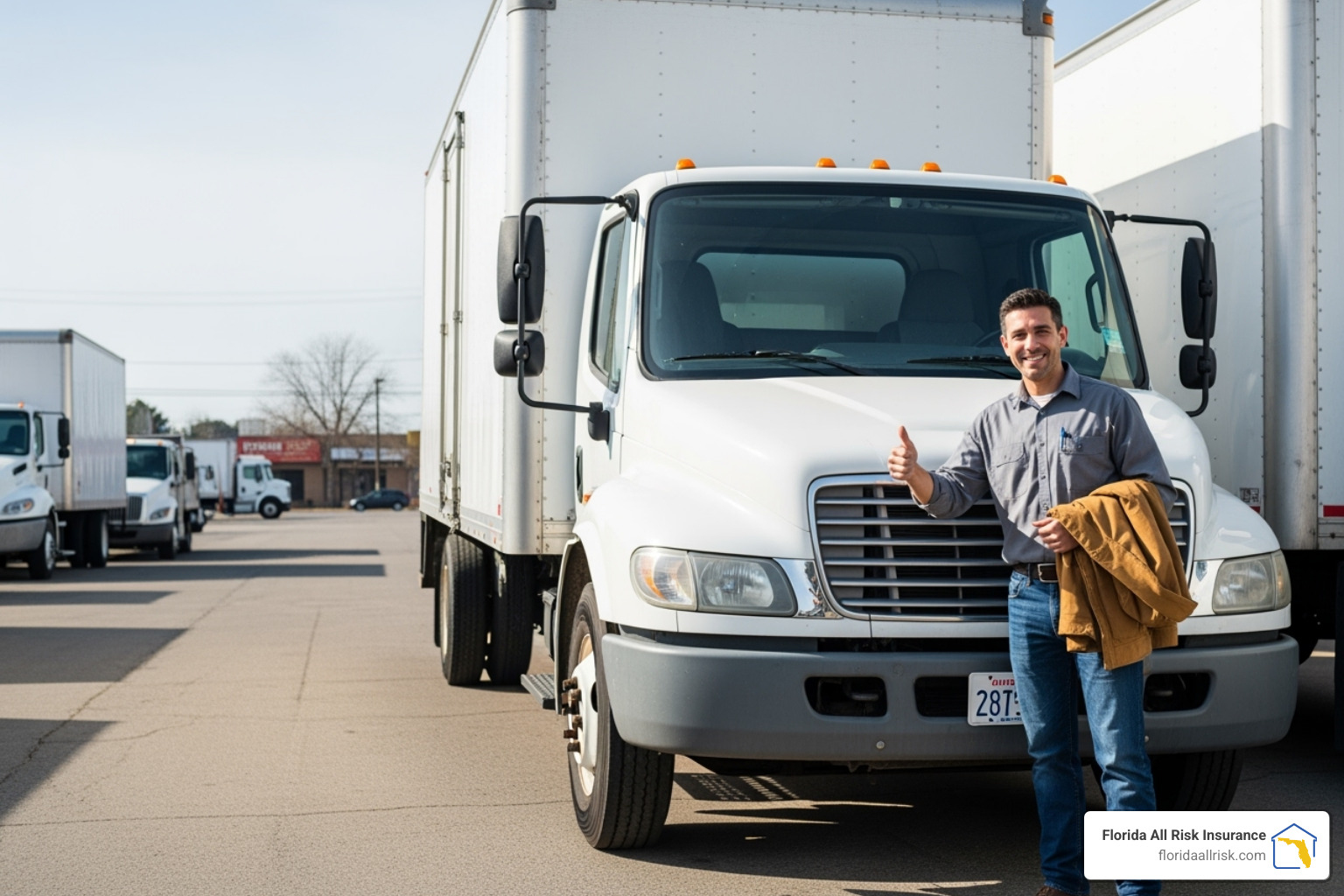 A driver with a clean record getting a thumbs-up next to their well-maintained box truck. - 16 foot box truck insurance cost