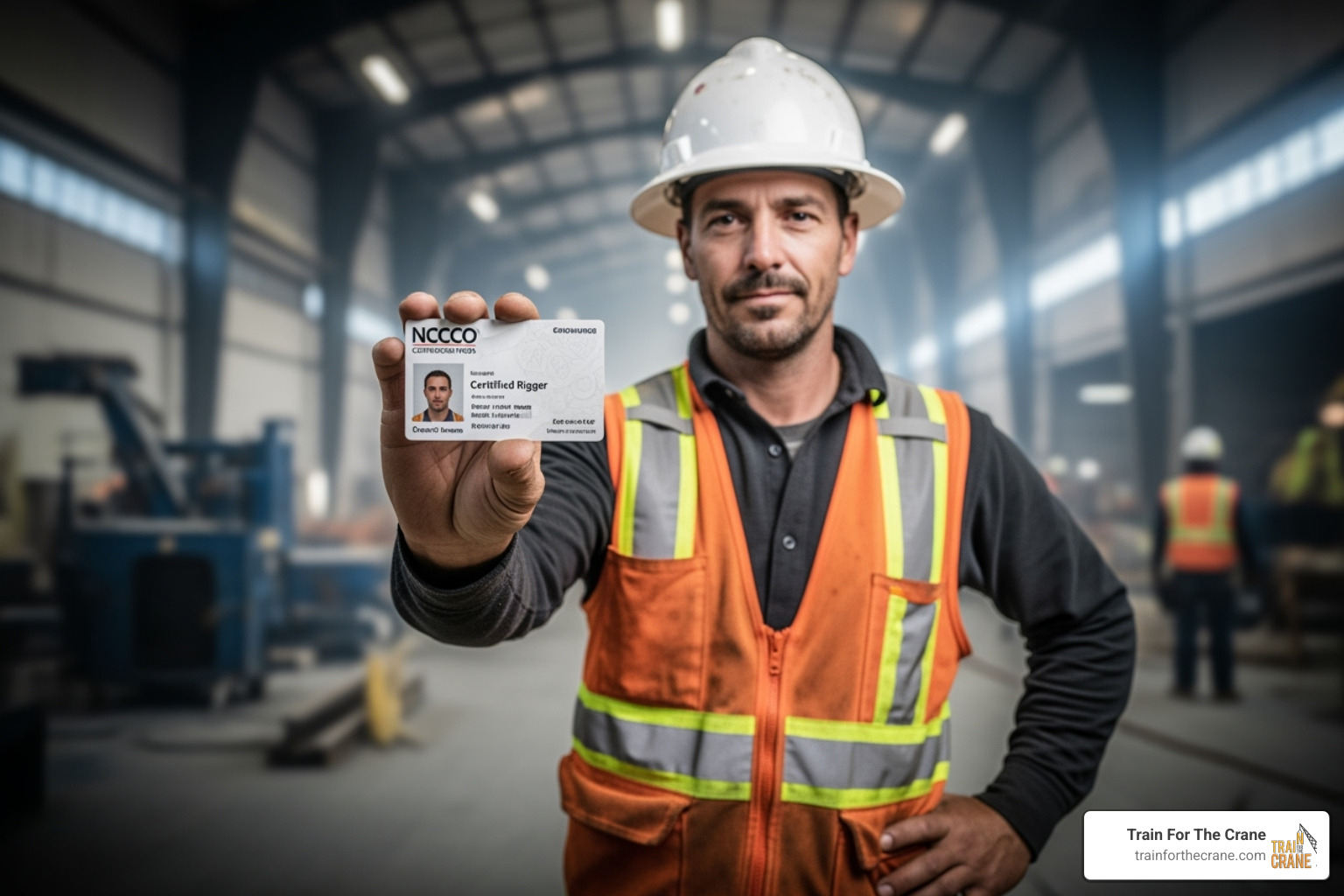 certified rigger holding NCCCO certification card - certified rigger course