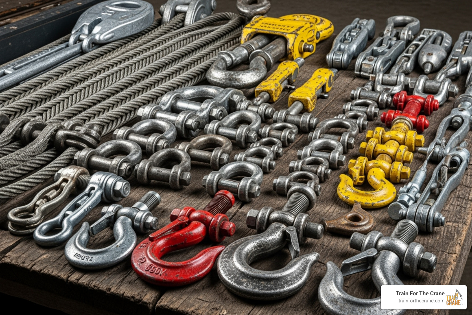 various rigging hardware like slings, shackles, and hooks - certified rigger course