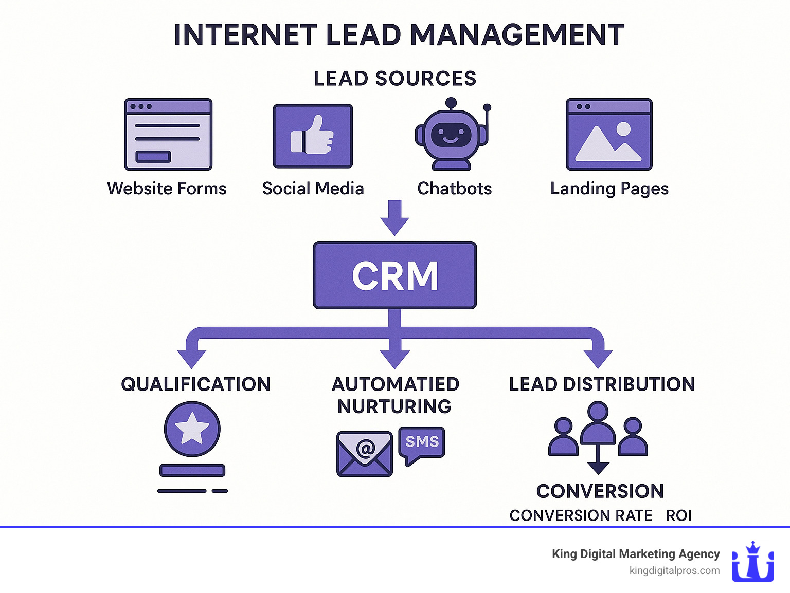 Comprehensive infographic showing the internet lead management process flow: starting with multiple lead sources (website forms, social media, chatbots, landing pages) flowing into a central CRM system, then branching into qualification scoring, automated nurturing sequences across email and SMS channels, lead distribution to sales teams, and finally conversion tracking with key metrics like conversion rates and ROI - internet lead management infographic 