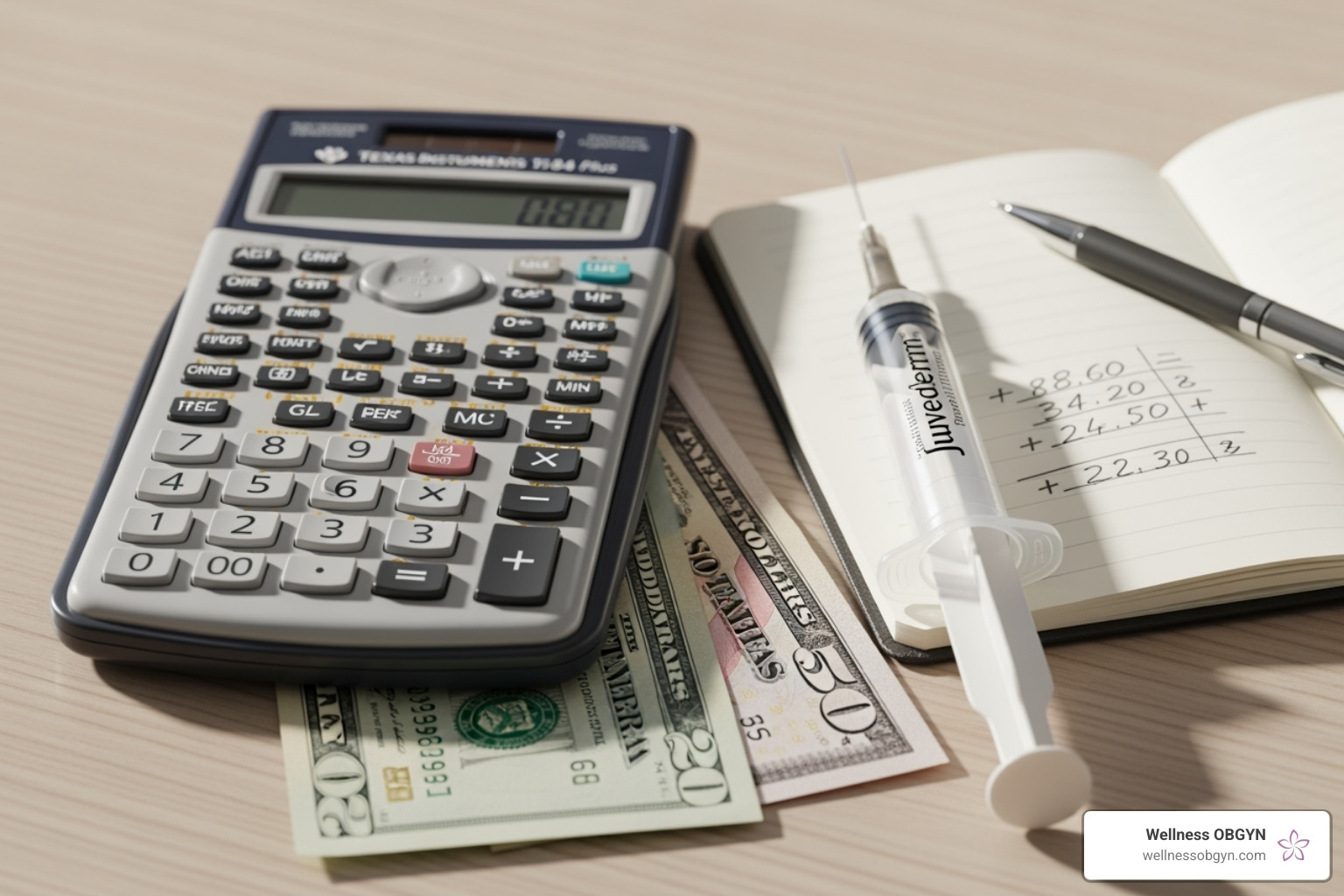 calculator and a Juvederm syringe representing cost calculation - juvederm consultation cost calculator and a Juvederm syringe representing cost calculation - juvederm consultation cost