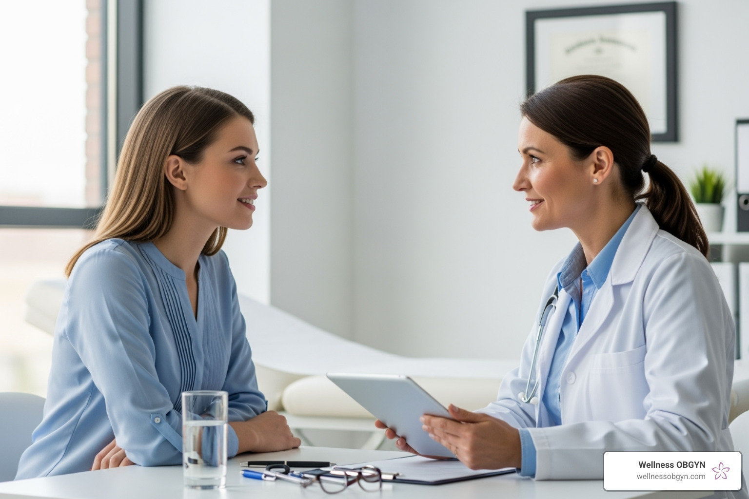 Young woman talking with her doctor - Women's health annual exam Young woman talking with her doctor - Women's health annual exam