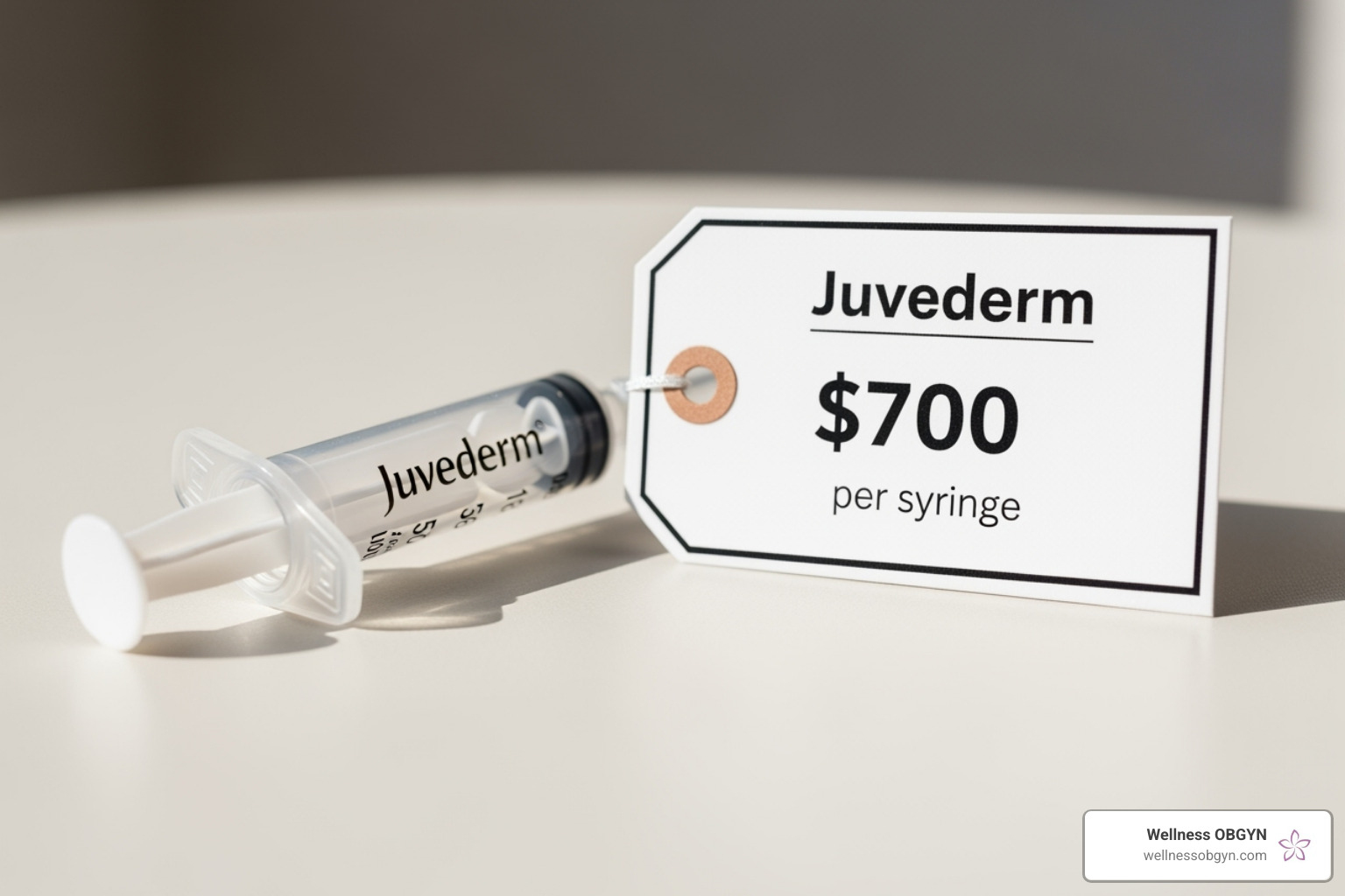 Juvederm syringe next to a price tag to illustrate cost - juvederm touch up cost