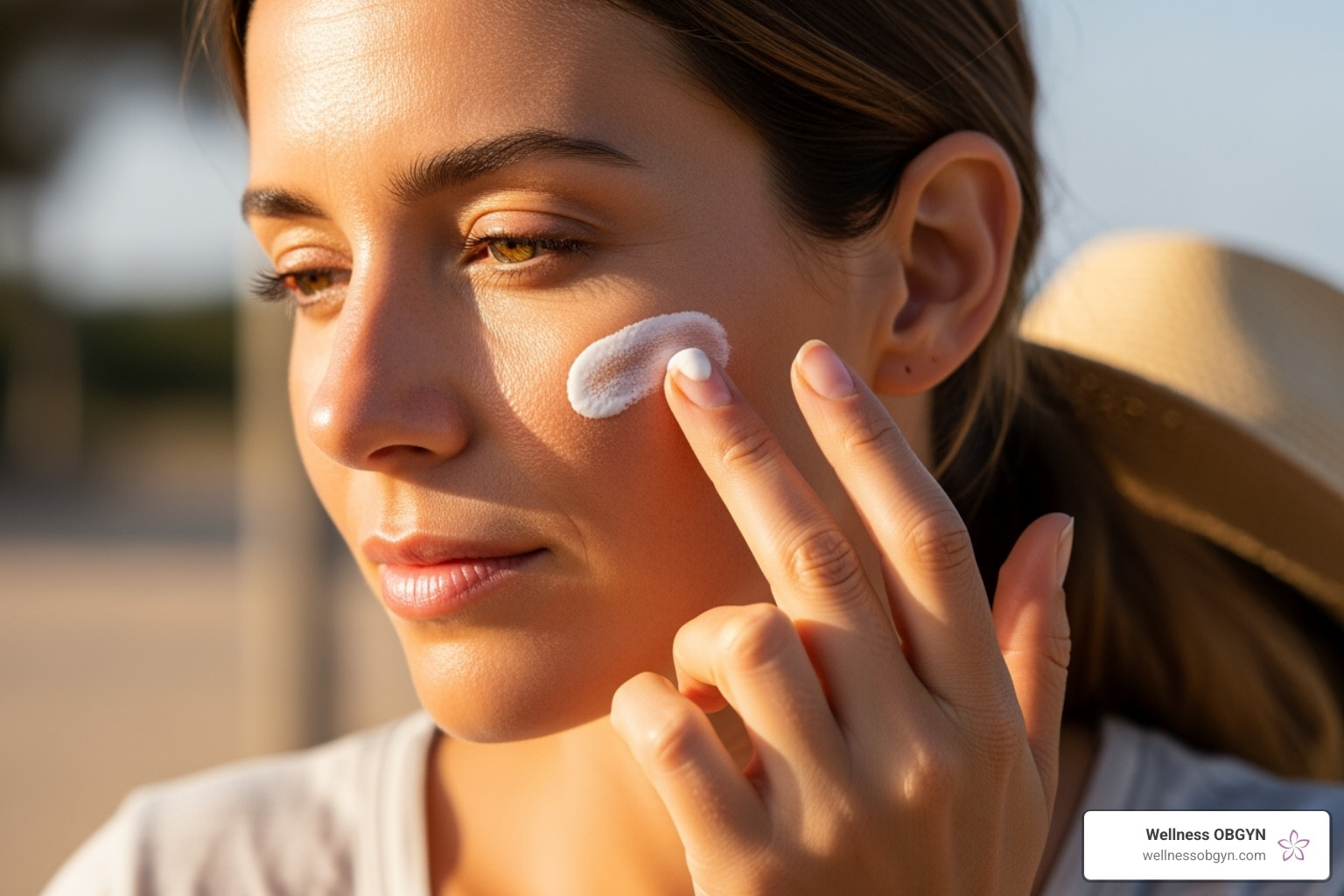 of a woman applying sunscreen to her face - juvederm aftercare