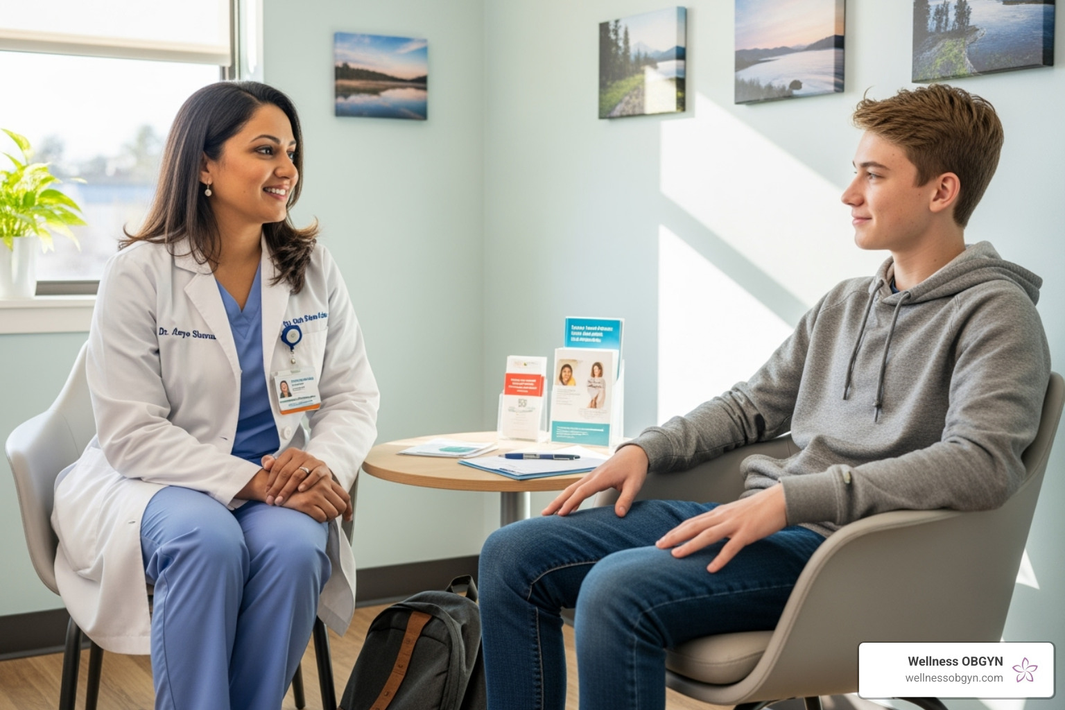 Friendly healthcare provider talking with an adolescent patient - Adolescent reproductive health Friendly healthcare provider talking with an adolescent patient - Adolescent reproductive health