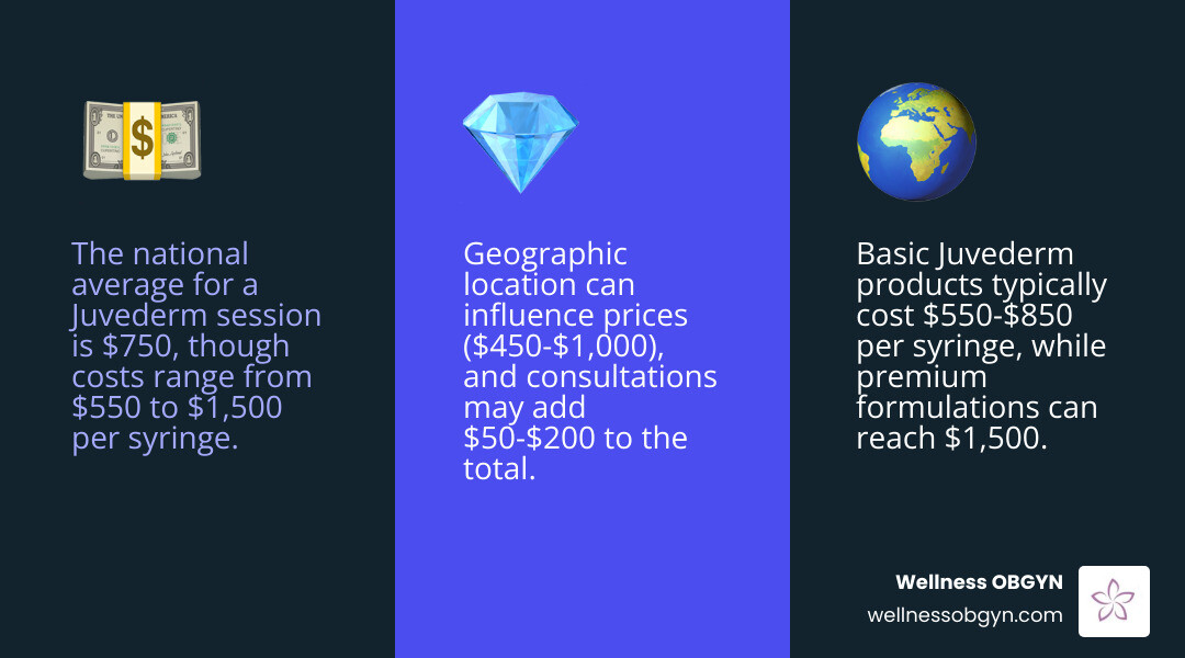 Comprehensive breakdown showing Juvederm pricing factors including product type, treatment area, injector expertise, geographic location, and expected results duration with cost ranges for each variable - juvederm 1 syringe cost infographic 3_facts_emoji_blue