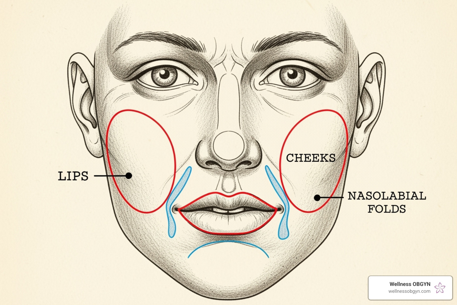 image of a facial diagram highlighting common Juvederm treatment areas like lips, cheeks, and nasolabial folds - juvederm 1 syringe cost