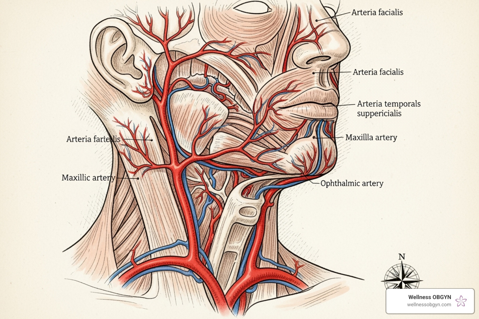 simplified diagram of facial arteries to illustrate the risk of vascular occlusion - juvederm side effects