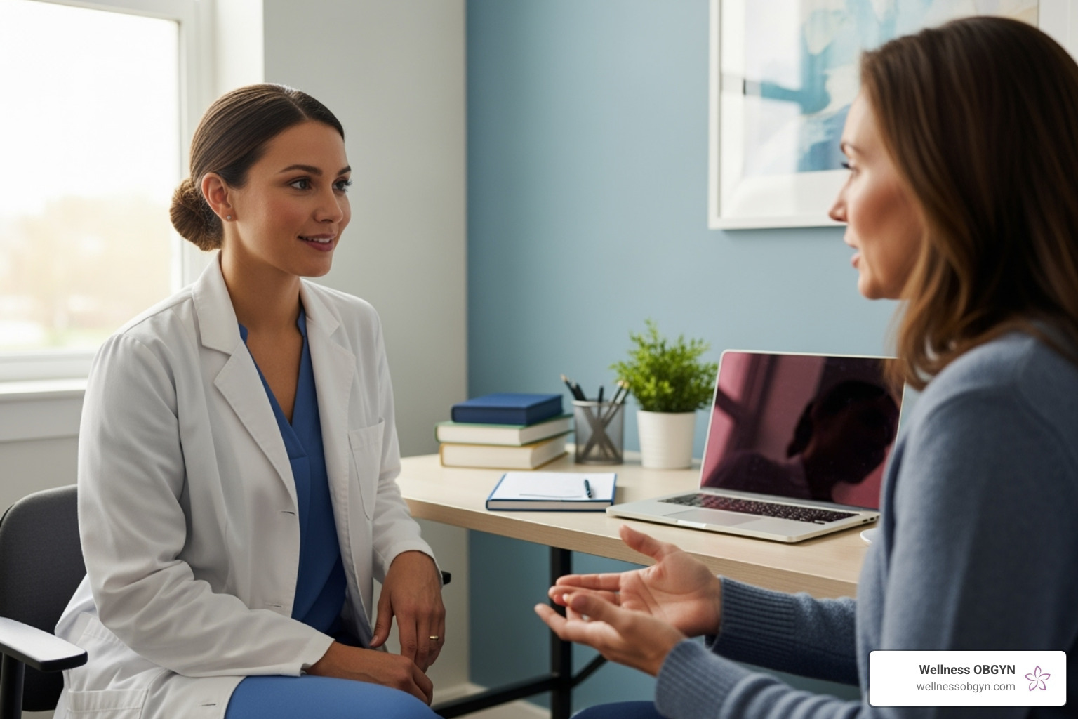 A thoughtful healthcare provider consulting with a patient, demonstrating active listening and empathy - OBGYN patient centered care