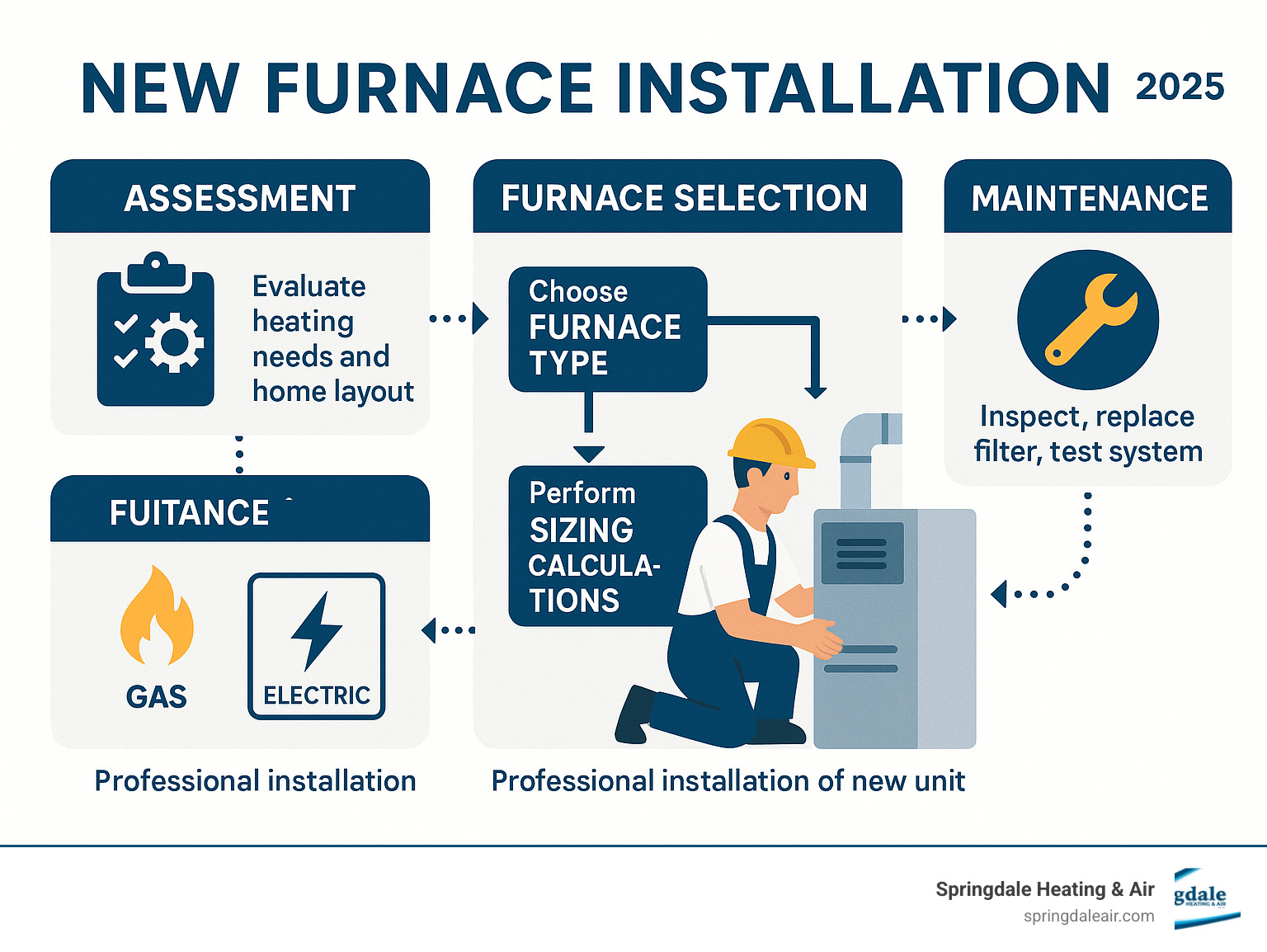 Complete guide showing the new furnace installation process from initial assessment through final testing, including key decision points for furnace type selection, sizing calculations, professional installation steps, and post-installation maintenance requirements - new furnace installation infographic Complete guide showing the new furnace installation process from initial assessment through final testing, including key decision points for furnace type selection, sizing calculations, professional installation steps, and post-installation maintenance requirements - new furnace installation infographic