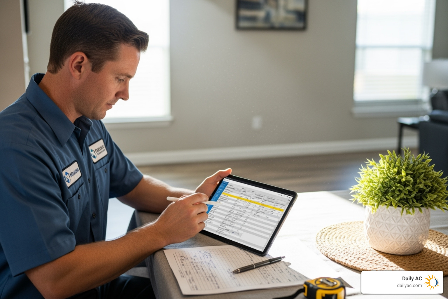 HVAC technician performing a Manual J load calculation - residential heat pump installation