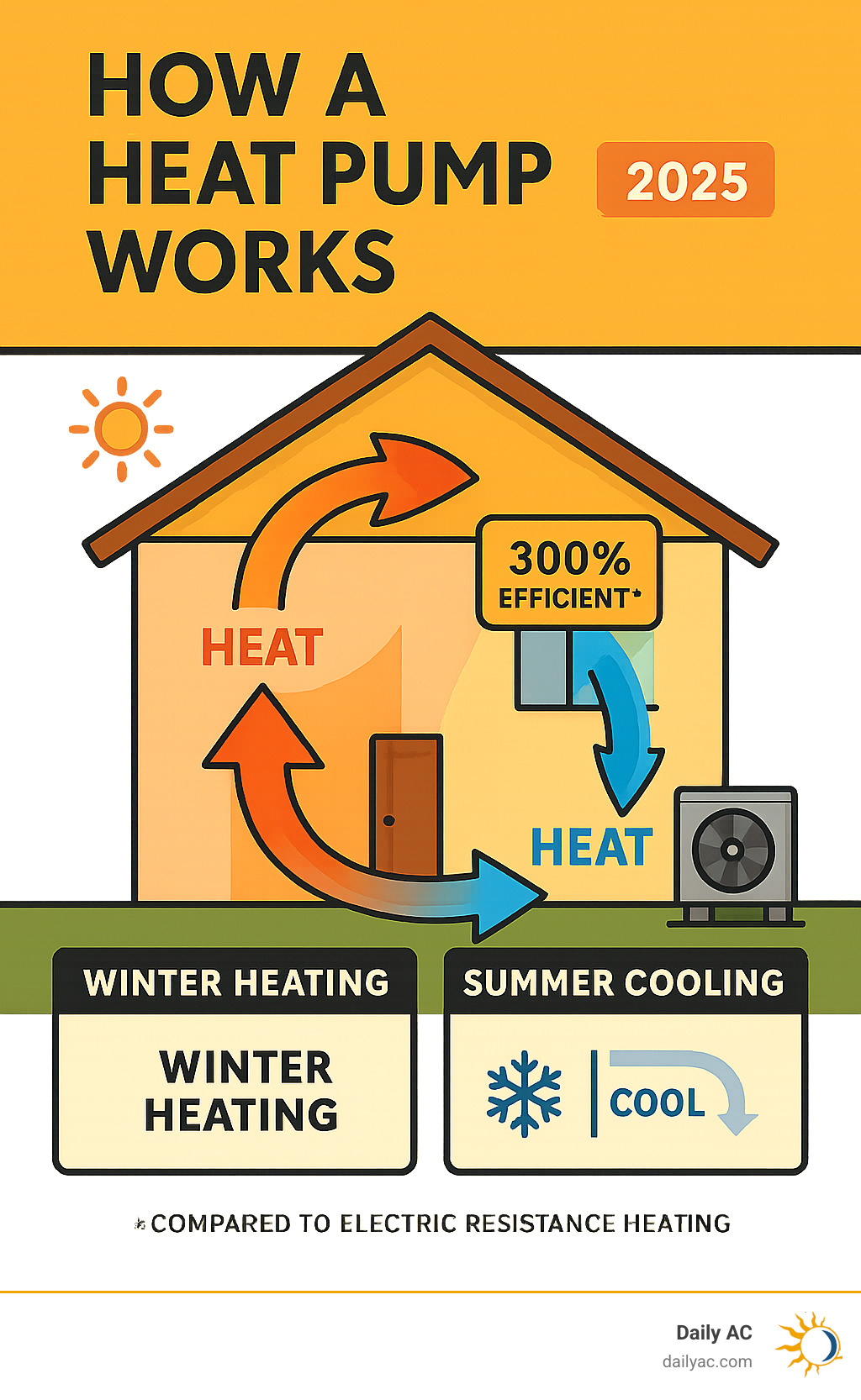 Infographic showing a cross-section view of a home with arrows illustrating how a heat pump transfers heat from outside air into the home during winter heating mode, and reverses the process during summer cooling mode, with efficiency ratings and energy savings percentages displayed - residential heat pump installation infographic 
