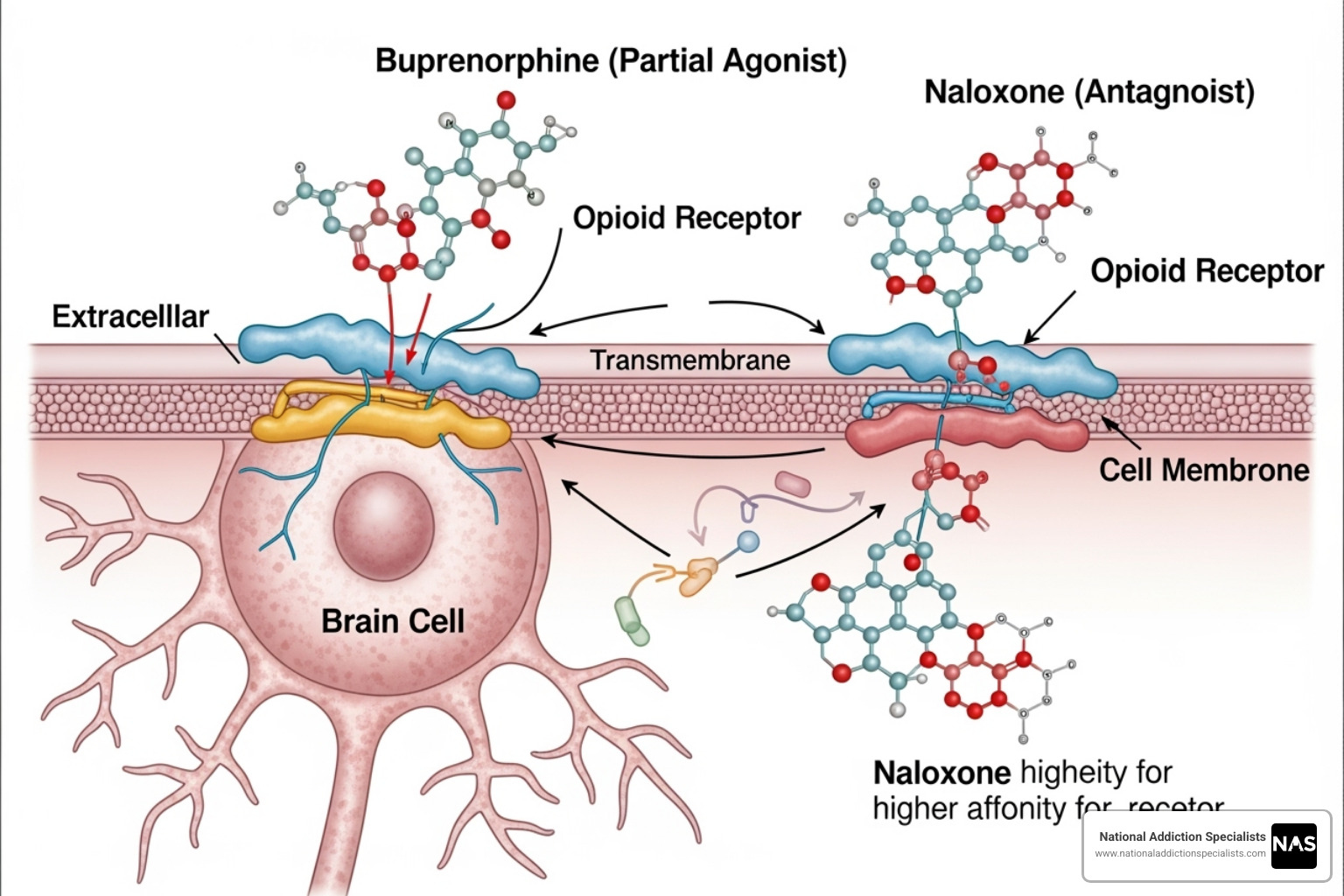 Diagram showing how buprenorphine and naloxone interact with opioid receptors in the brain - Medicare Suboxone coverage
