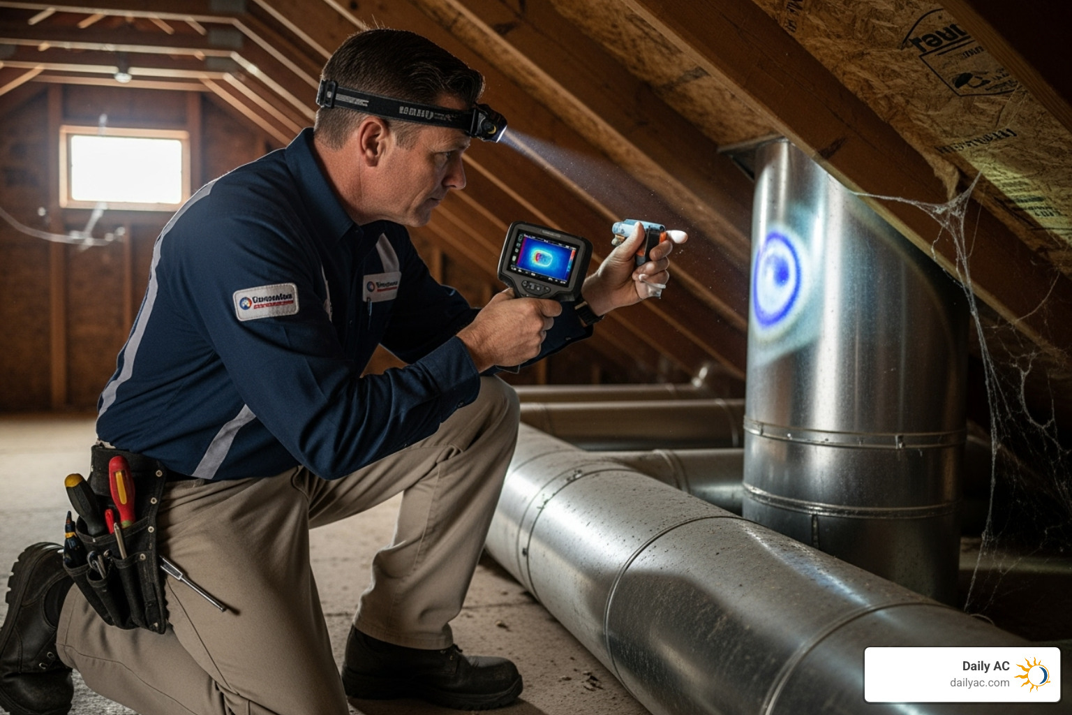 HVAC technician using an infrared camera on ductwork - how to find leaks in ductwork
