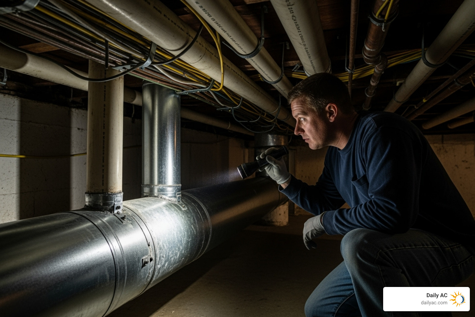 person inspecting a duct joint in a basement - how to find leaks in ductwork