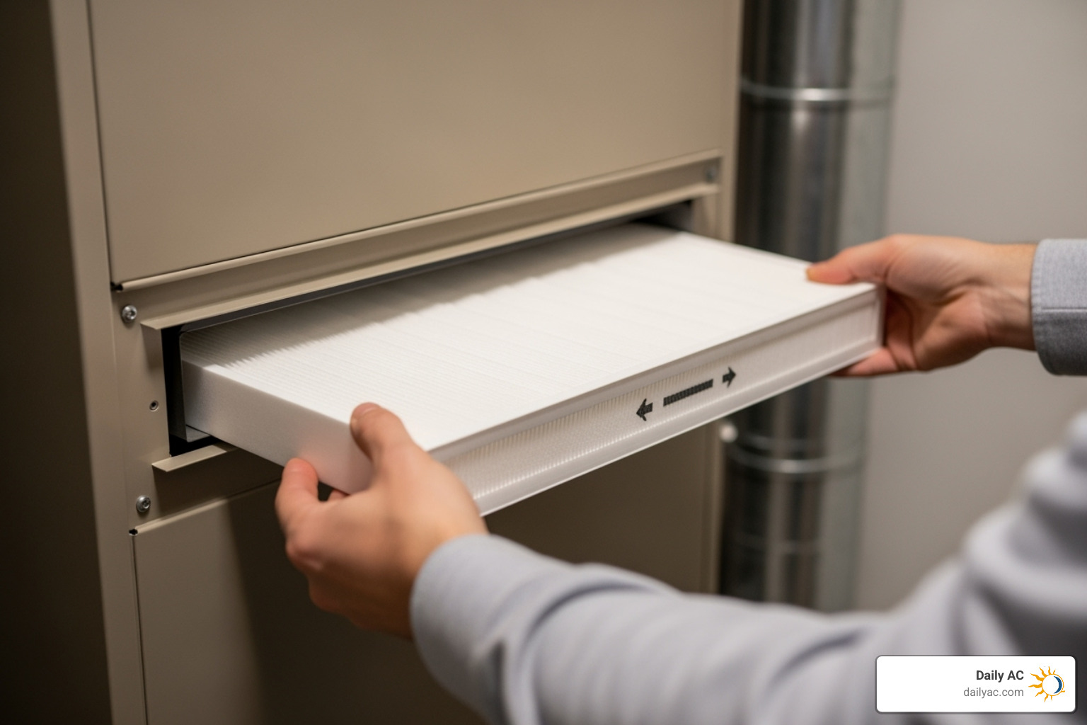 homeowner easily sliding a new air filter into an air handler - heat pump annual service