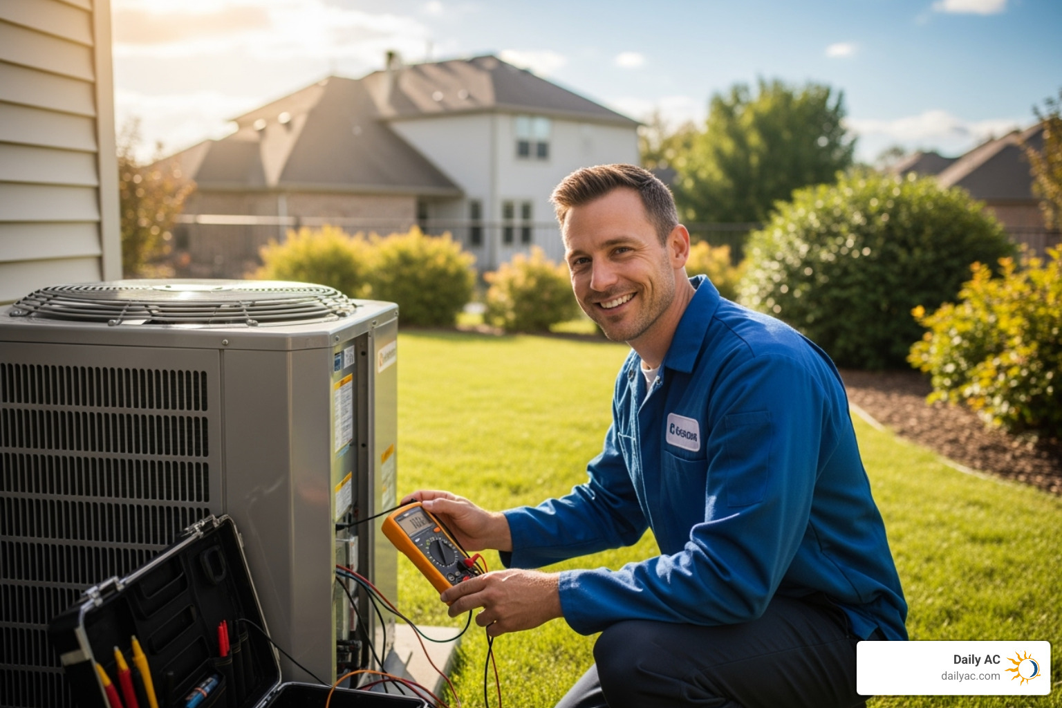 friendly technician servicing an outdoor heat pump unit - heat pump annual service