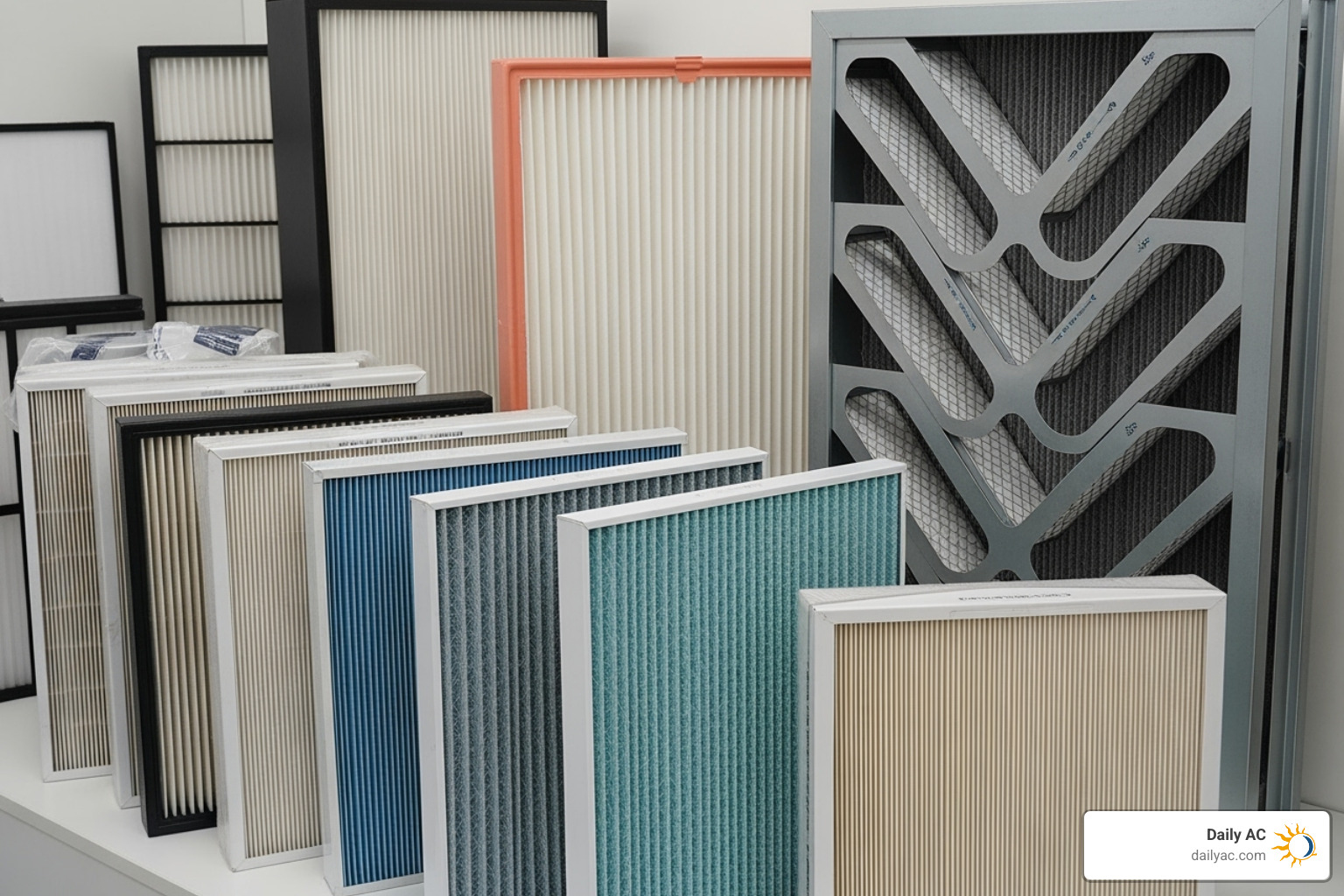 Variety of commercial AC filters including pleated, fiberglass, and V-bank designs - Commercial AC filter replacement