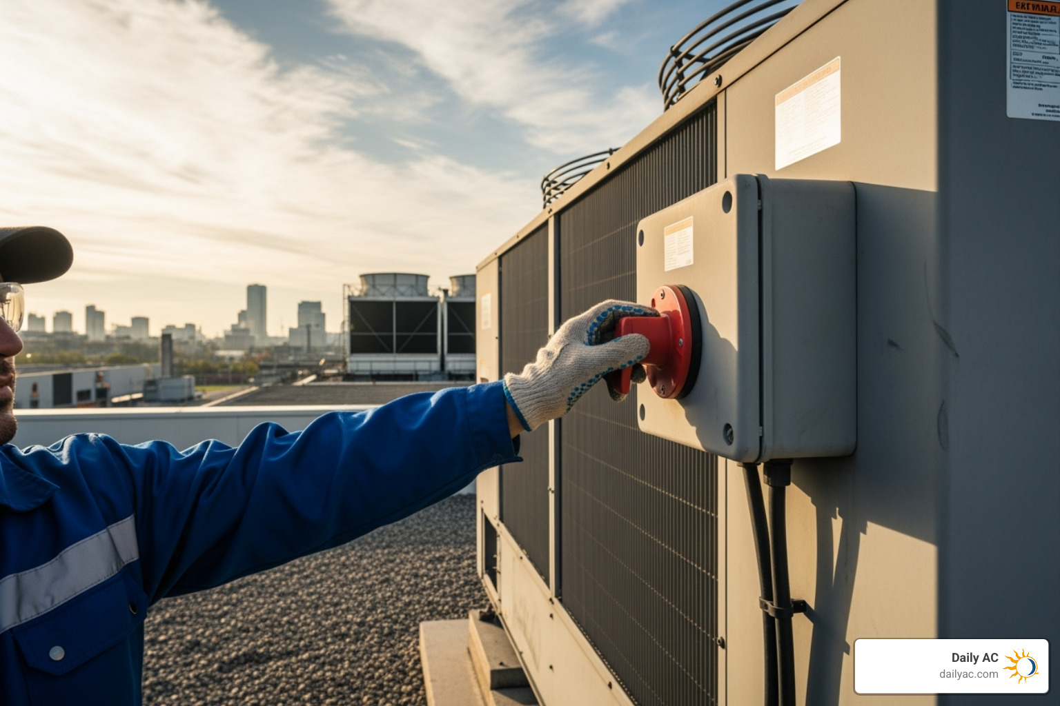 Technician safely turning off the power to a commercial HVAC unit before maintenance - Commercial AC filter replacement