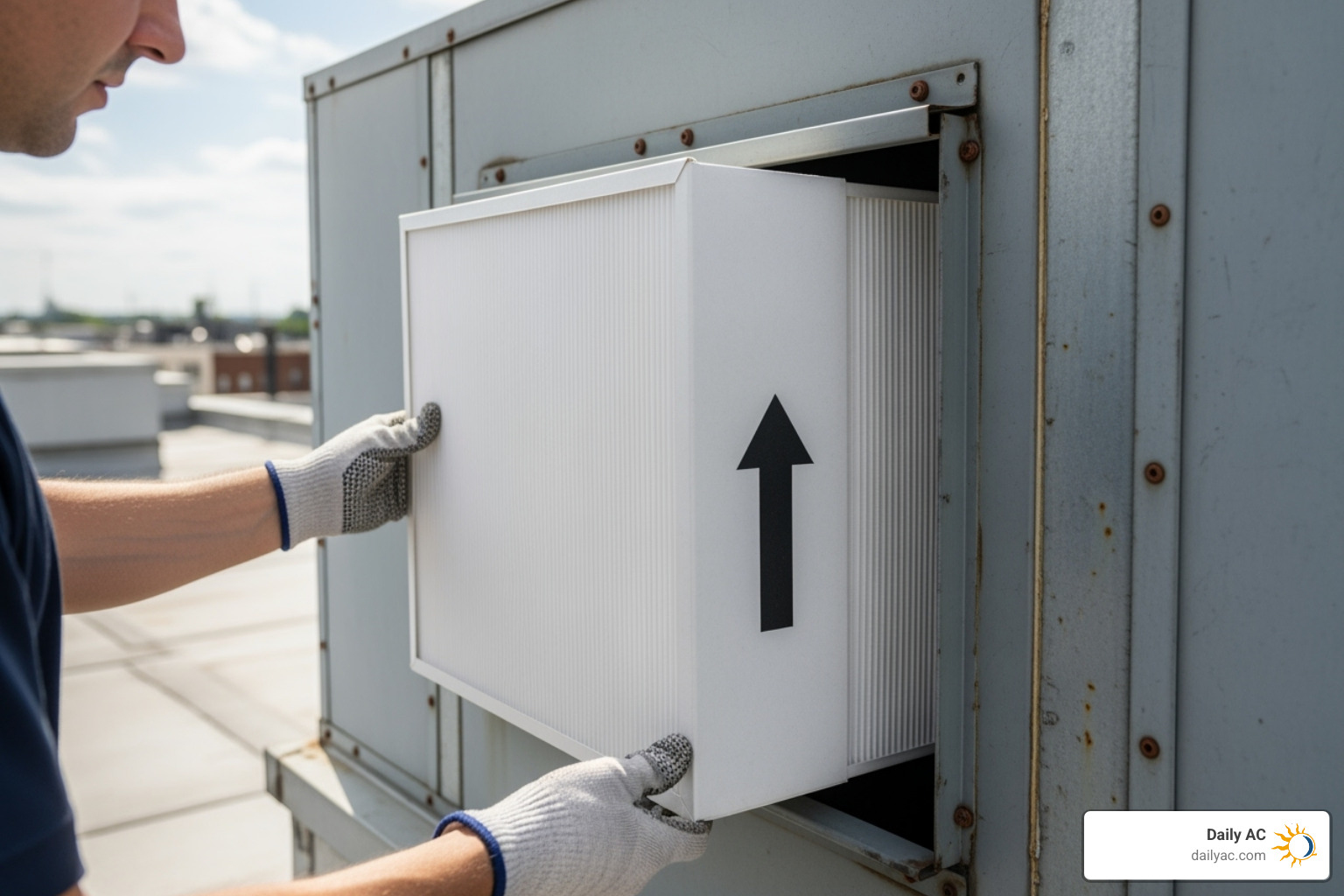 Technician sliding a new commercial AC filter into a large rooftop HVAC unit, ensuring the airflow arrow is correctly oriented - Commercial AC filter replacement