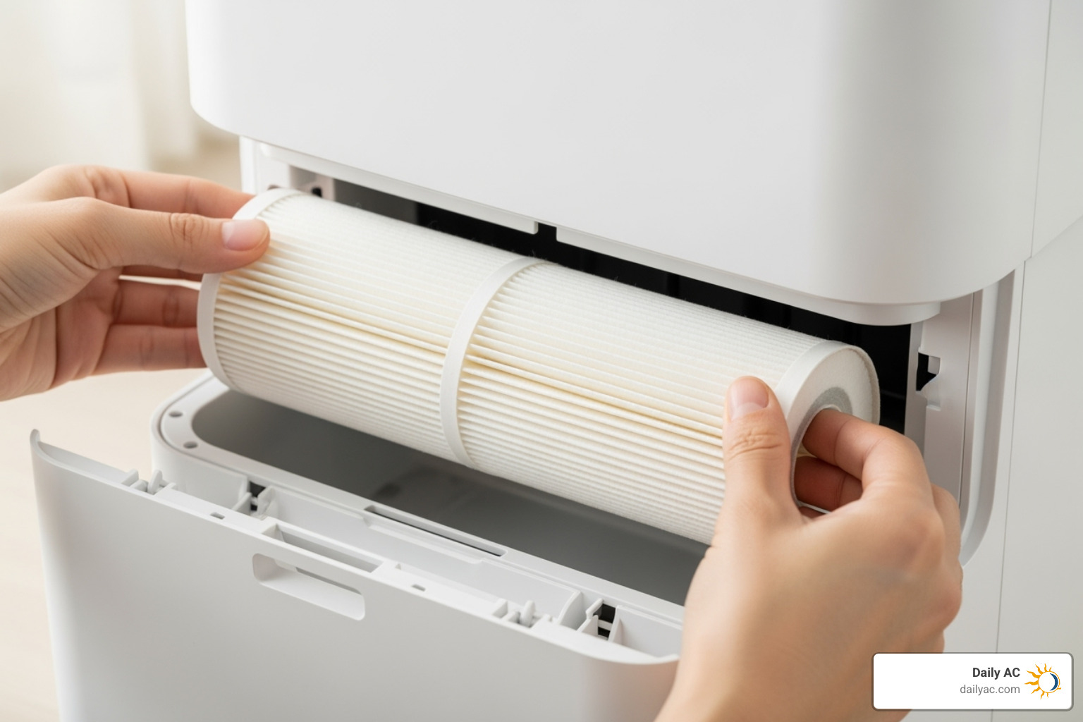 A person's hands are shown easily removing a cylindrical HEPA filter from the base of a modern, sleek air purifier, ready for replacement. - quiet air purification system