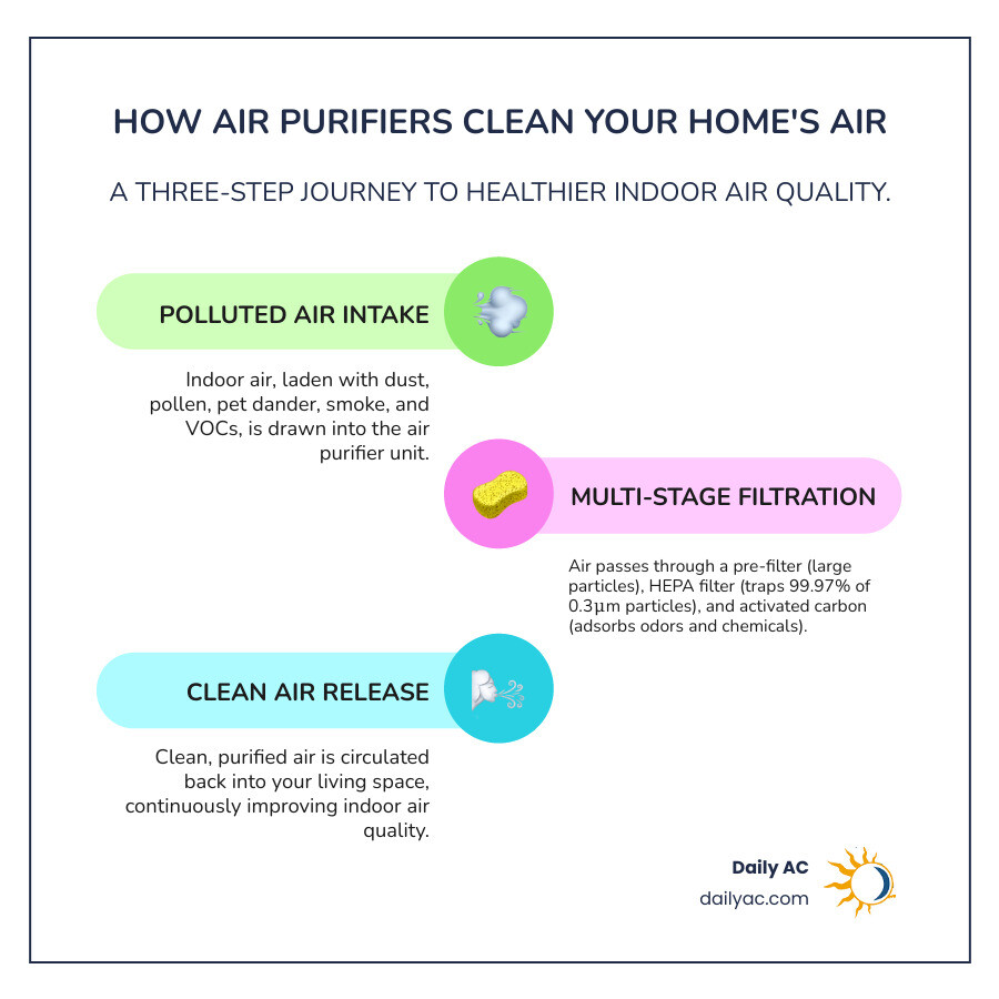 Detailed infographic showing the air purification process: contaminated indoor air containing dust particles, pollen grains, pet dander, smoke particles, and volatile organic compounds enters an air purifier unit, passes sequentially through a pre-filter that captures large particles, a HEPA filter that traps 99.97% of particles 0.3 microns or larger, and an activated carbon filter that adsorbs odors and chemical vapors, before clean, purified air is circulated back into the living space - air purification benefits infographic infographic-line-3-steps-colors