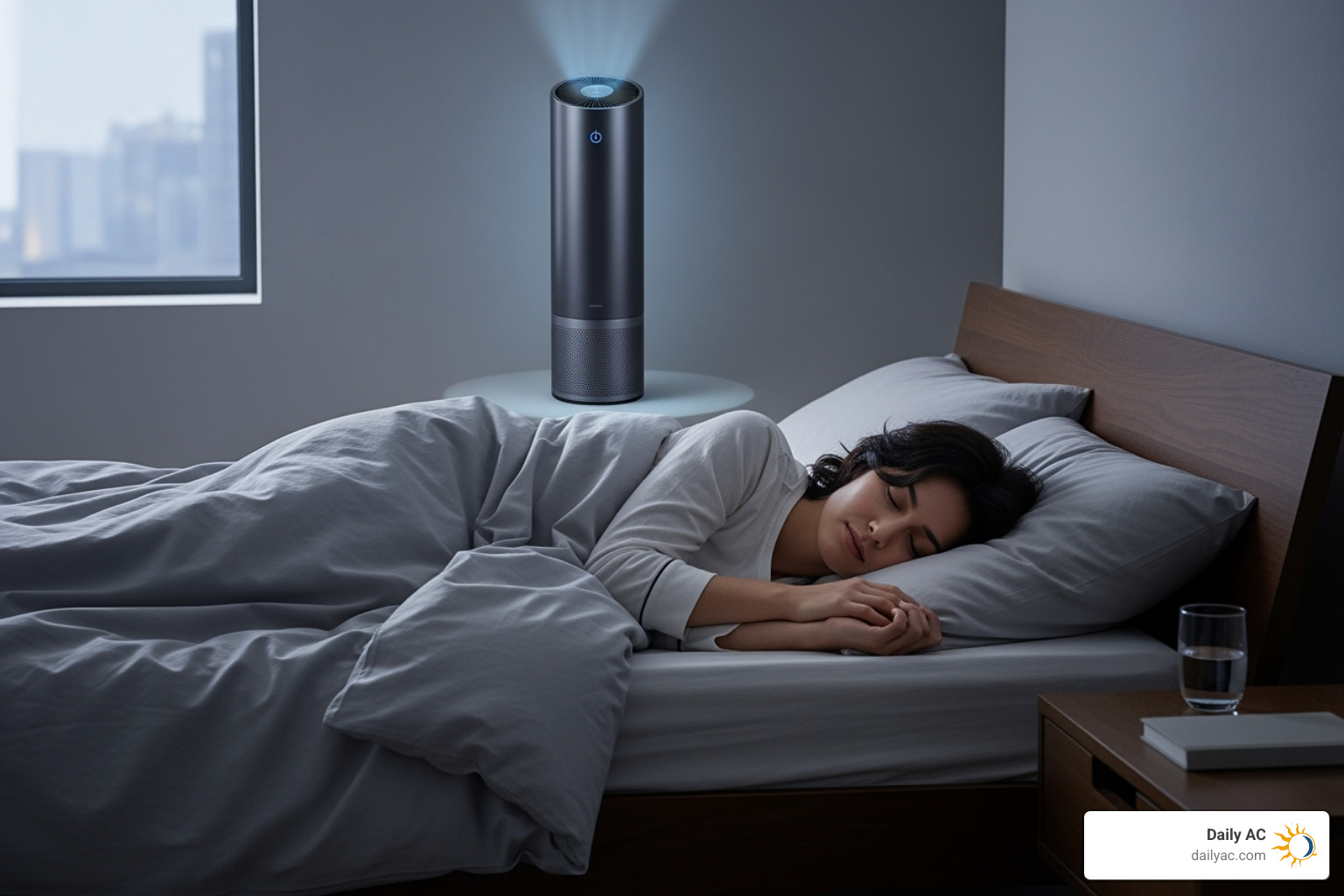 A person sleeping peacefully in a bedroom with a sleek, modern air purifier running silently in the background, casting a soft glow. - quiet air purification system
