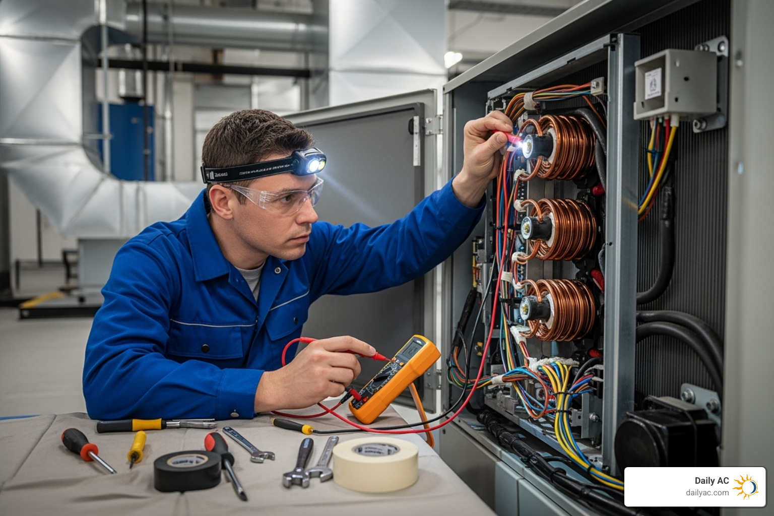 A technician working on a commercial AC unit's internal components, focusing on wiring and coils - Commercial AC tune-up