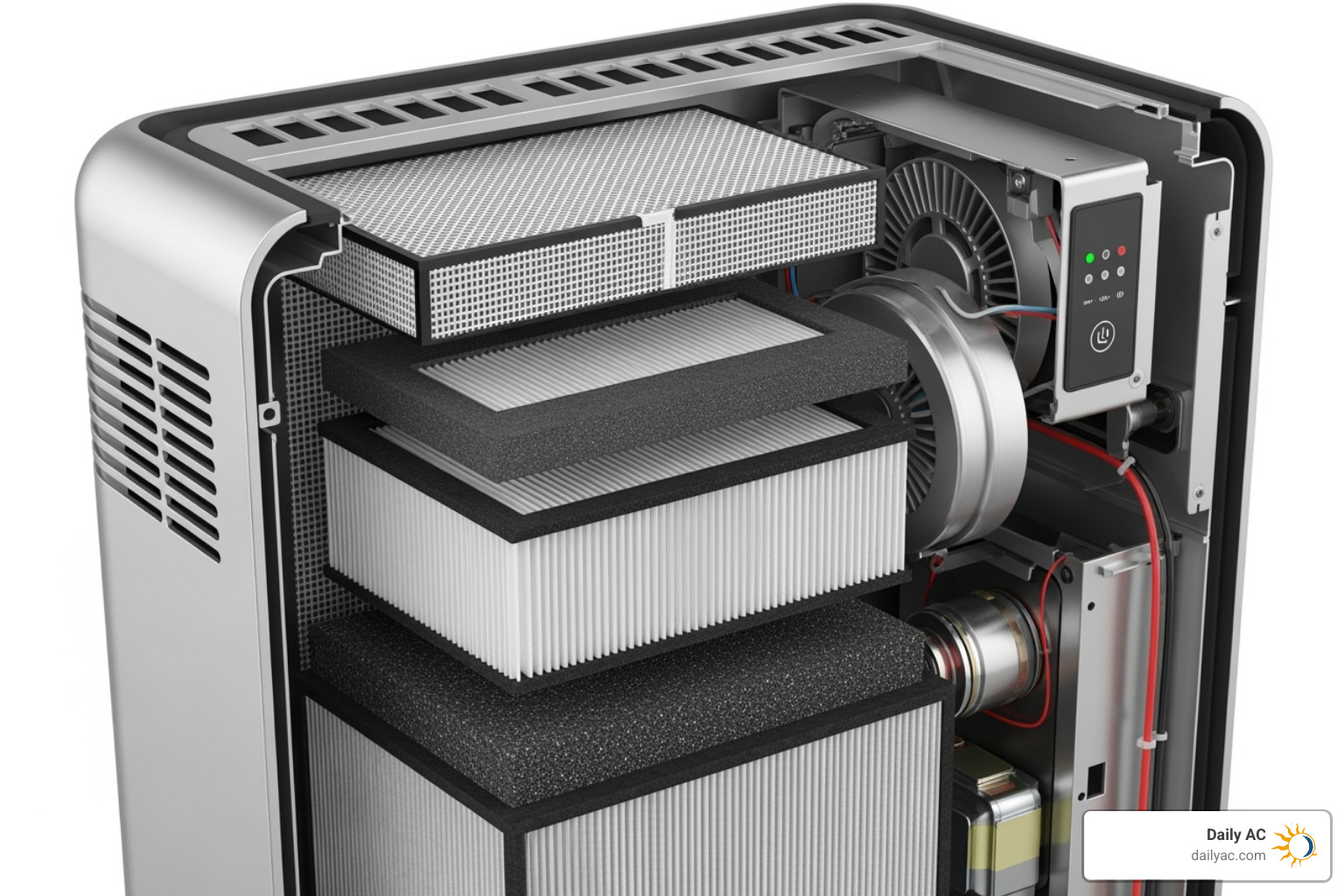 cutaway view of an air purifier showing the different filter layers - air purification benefits